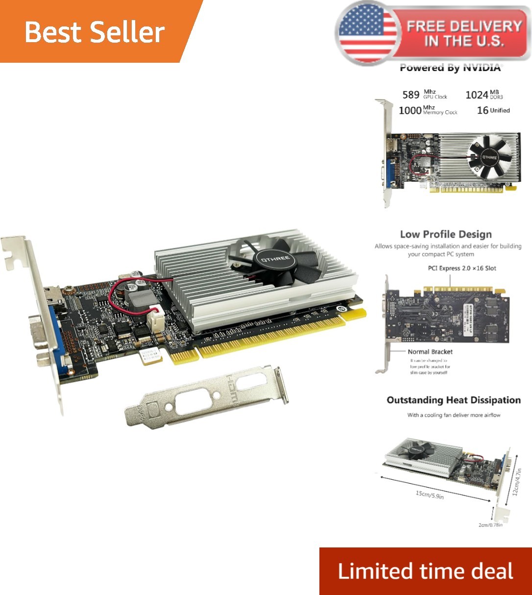 Low Profile PC Graphics Card 1024MB HDMI VGA PCI Express for Small Form Factor