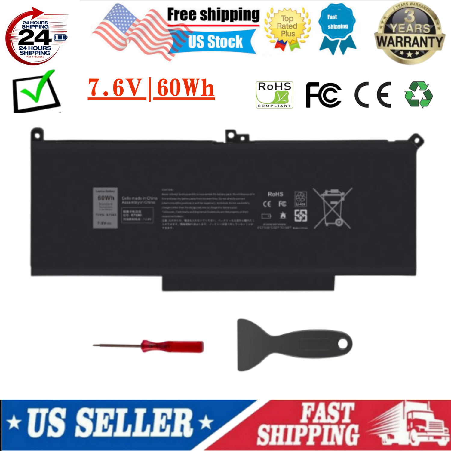 F3YGT Battery For Dell Latitude 7280 7480 7380 7290 7390 7490 E7480 E7490 60Wh