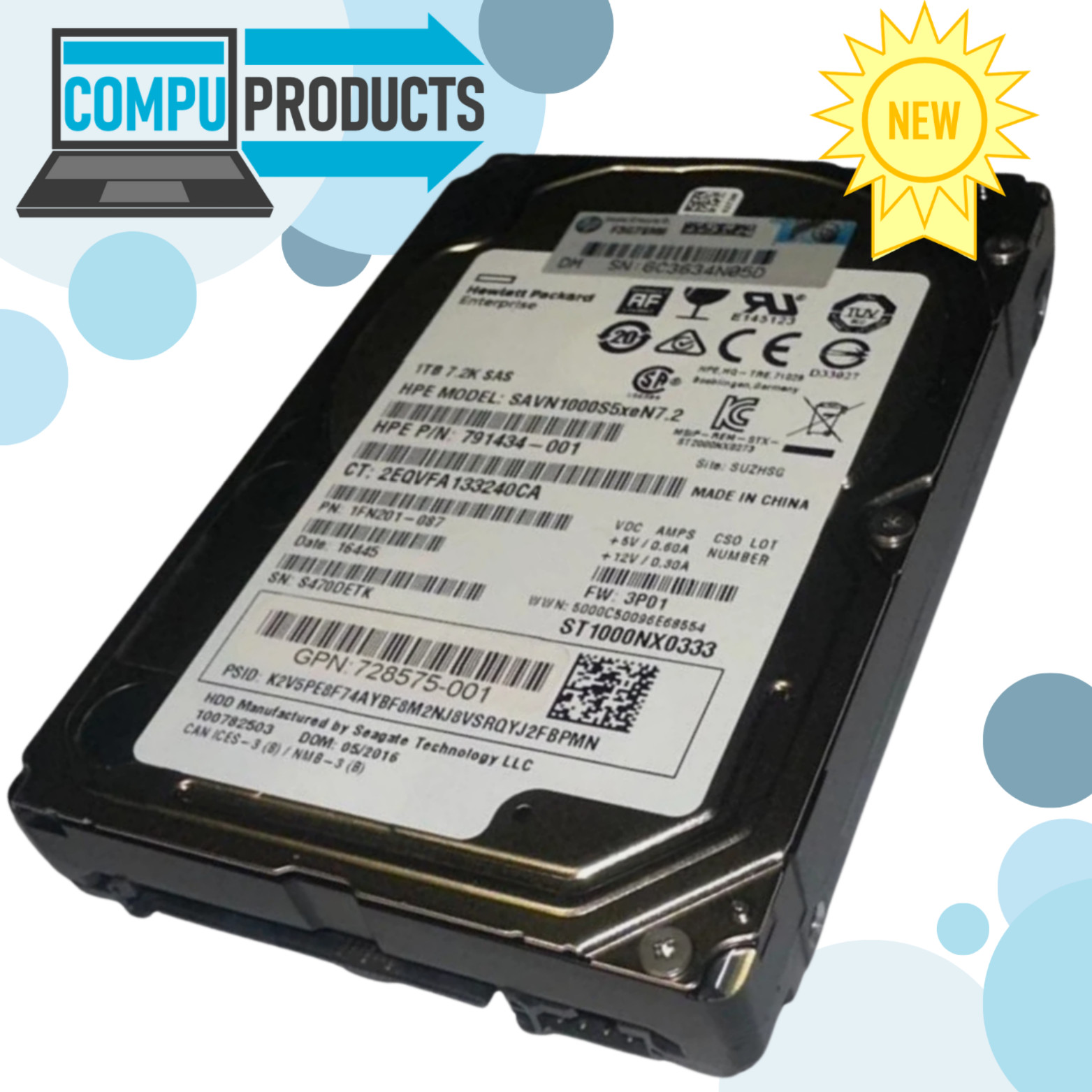 HPE 791434-001 - SPS-DRV 1TB HDD SAS 7.2K RPM SAVN1000S5xeN7.2