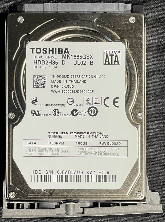 Toshiba 160GB 5400RPM 2.5" Internal SATA HDD / MK1665GSX / KJ5JD / NJ439