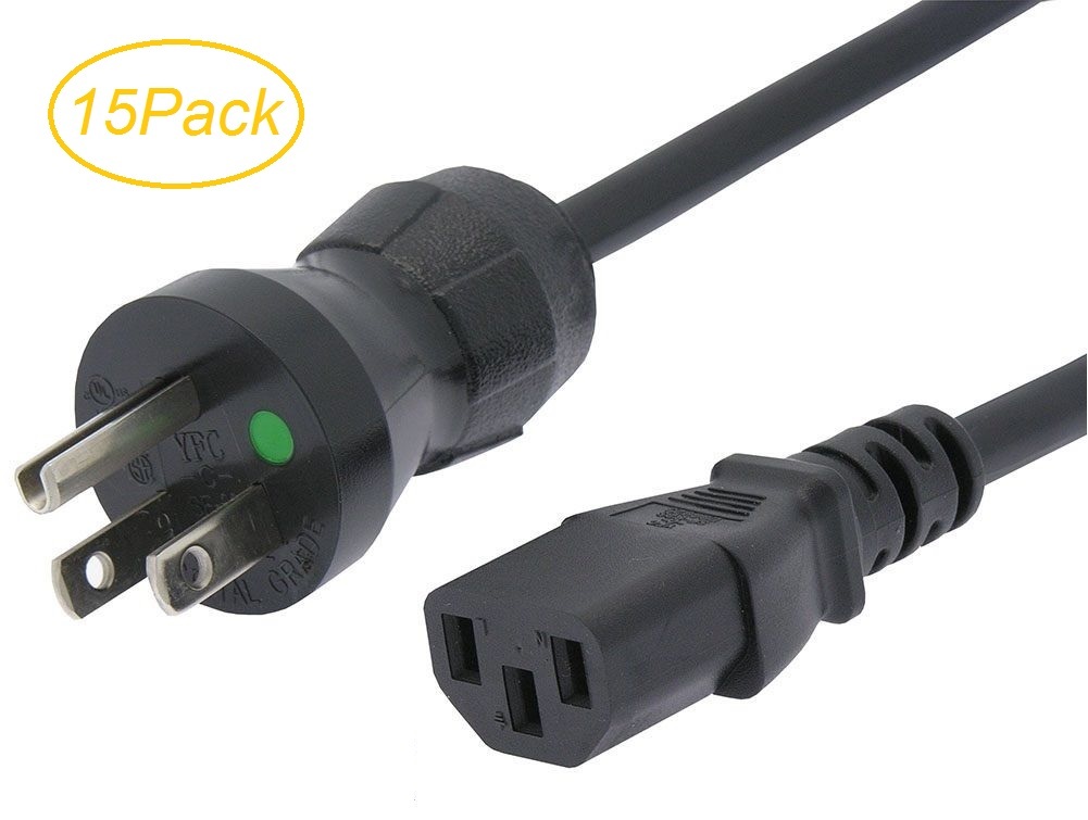 15Pack 6ft Hospital Grade Green Dot 5-15P to C13 SJT Black Color Power Cord