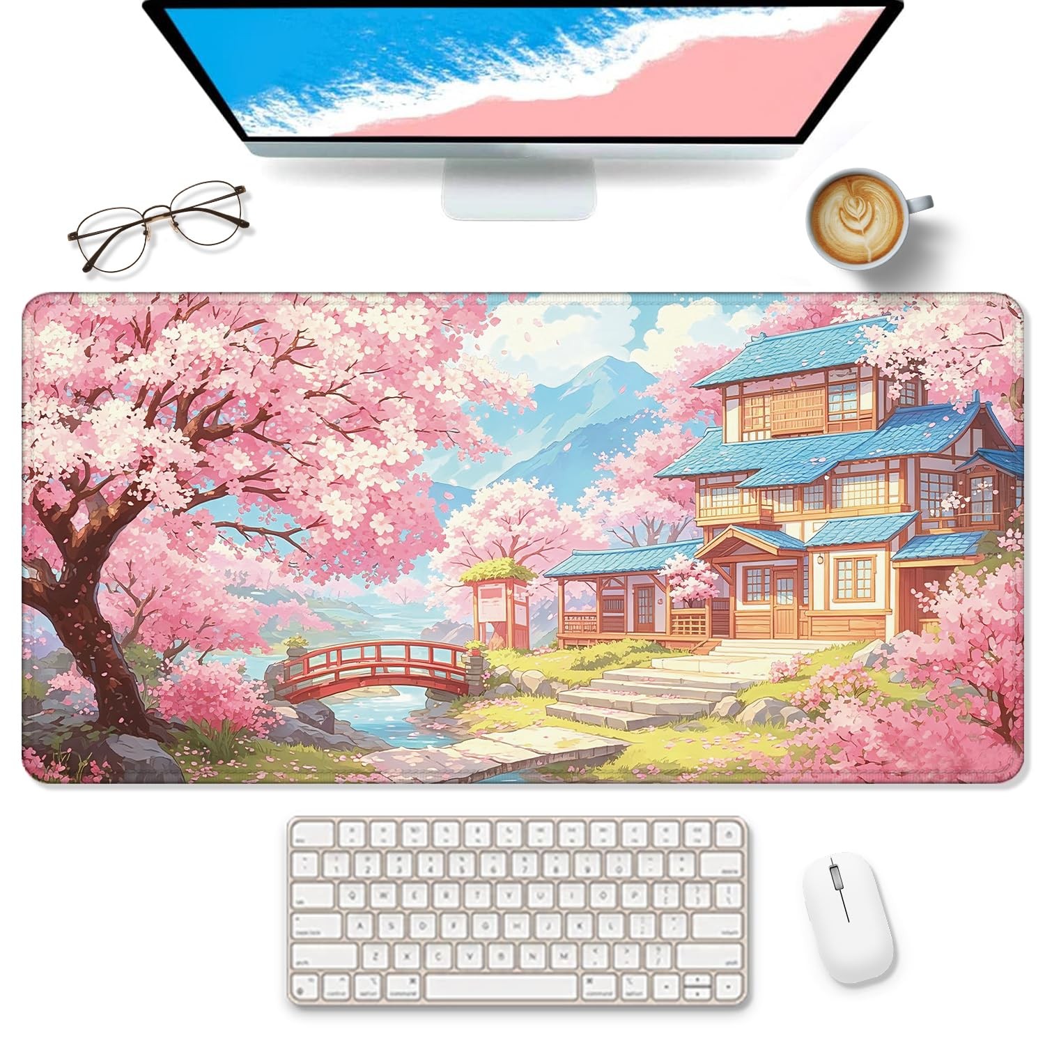 Pink Cherry Blossom Japanese Sakura Large Mouse Pad Desk Mat 31.5x15.7 Inch