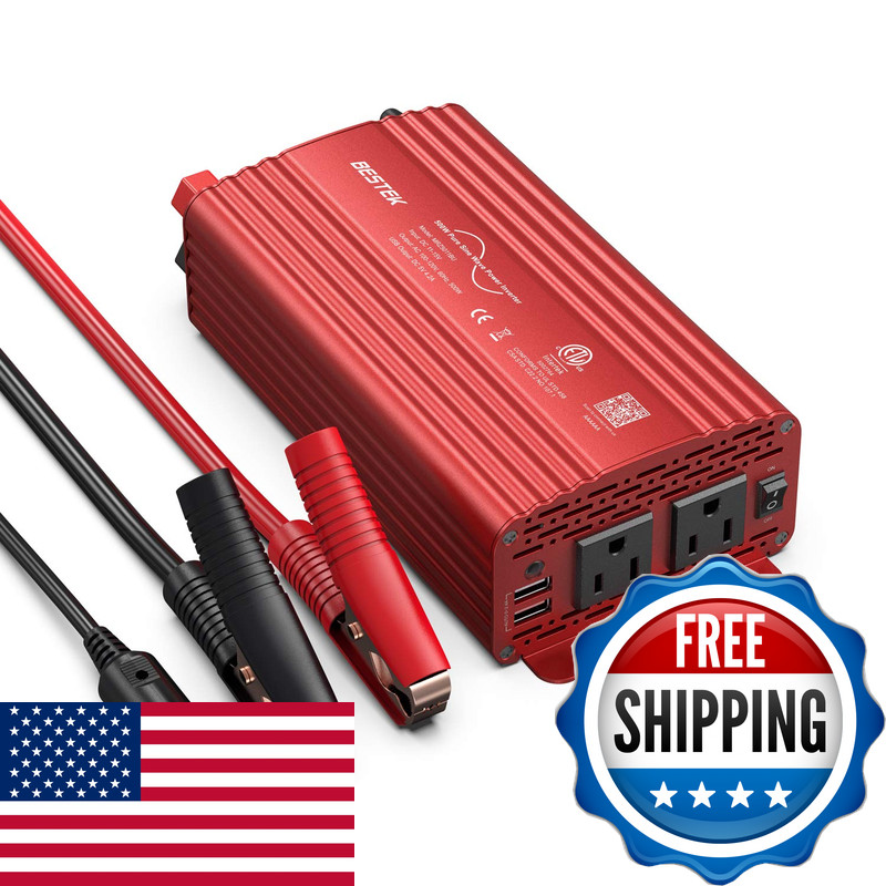 Bestek 500W Pure Sine Wave Power Inverter Dc 12V To Ac2 Outlets 110V Car