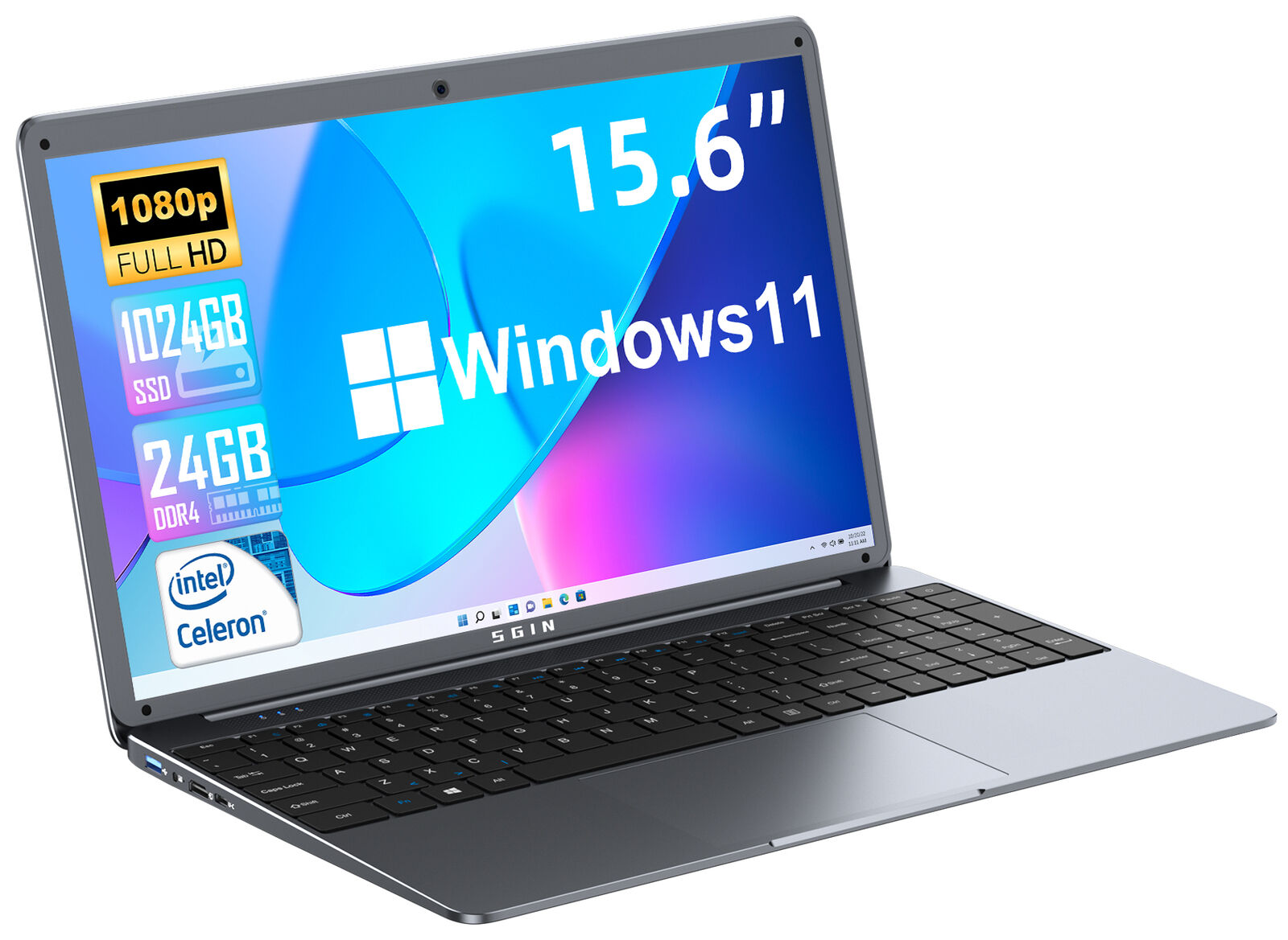 SGIN 15.6 Inch Laptop FHD 24GB RAM 1TB SSD Intel Celeron 2.9 GHz 5.0G WiFi HDMI