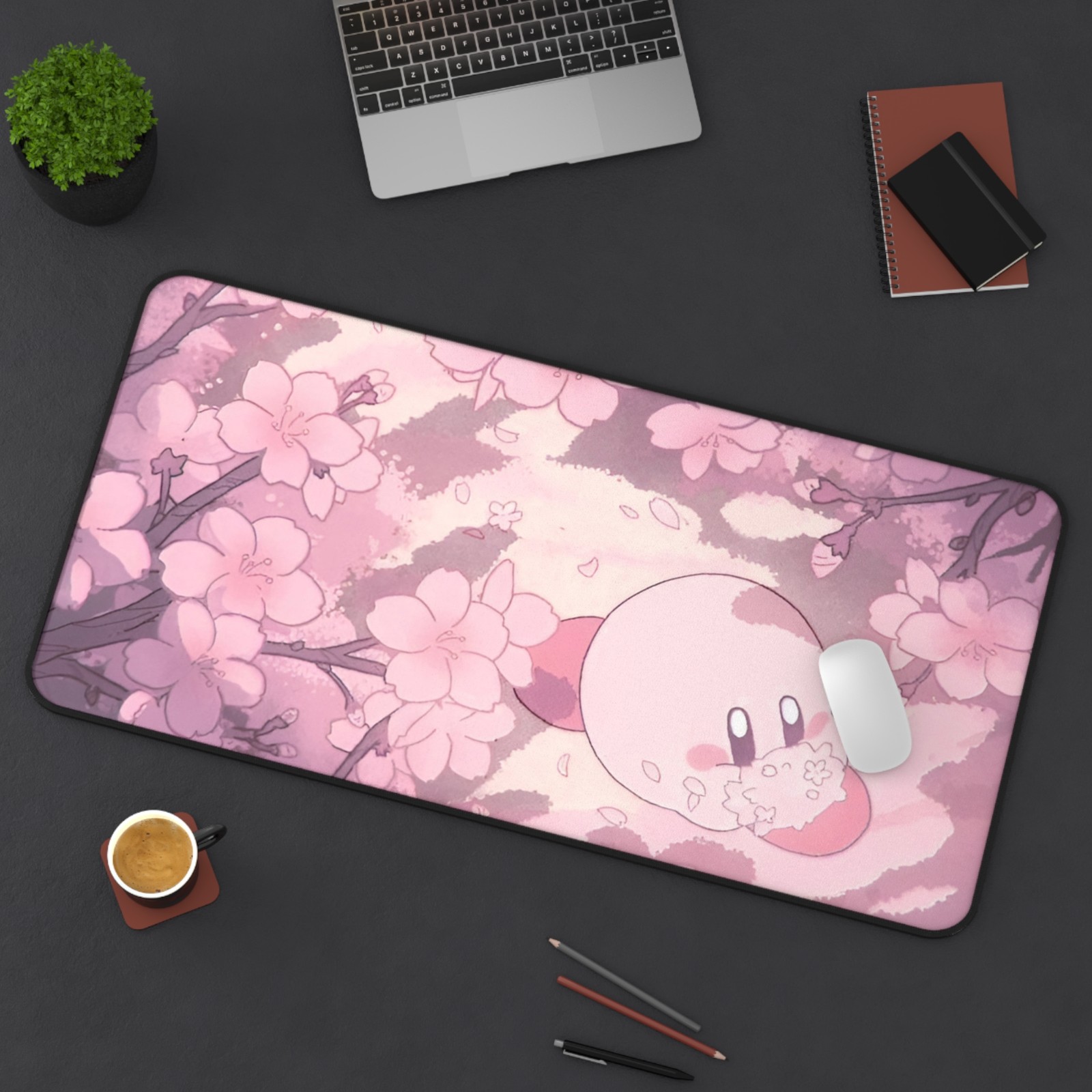 Kirby Pink Sakura Petals Desk Mat | Video Game Desk Pad | Cozy Computer Mat