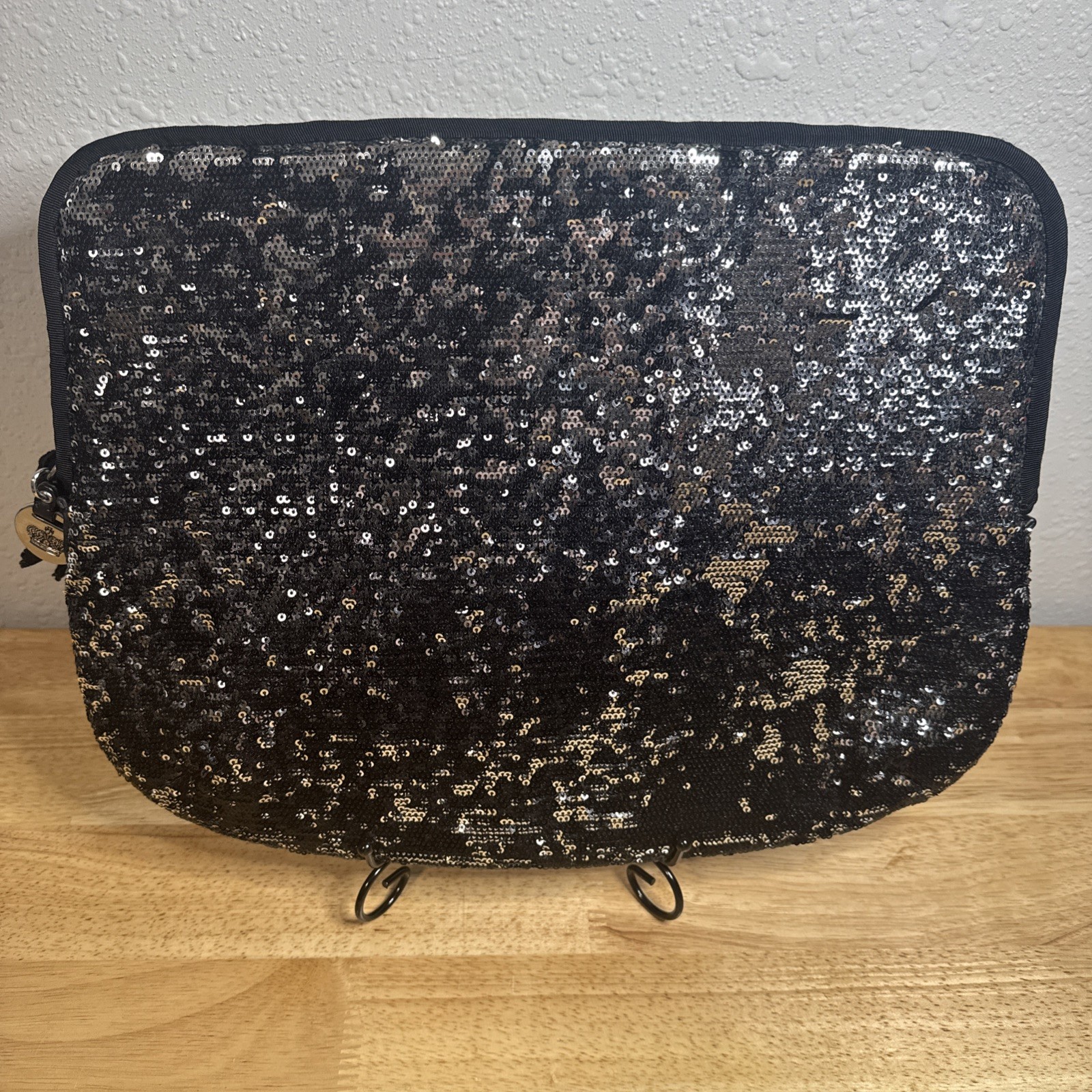 Juicy Couture Black & Silver Sequins Zippered Crown Charm Laptop Case