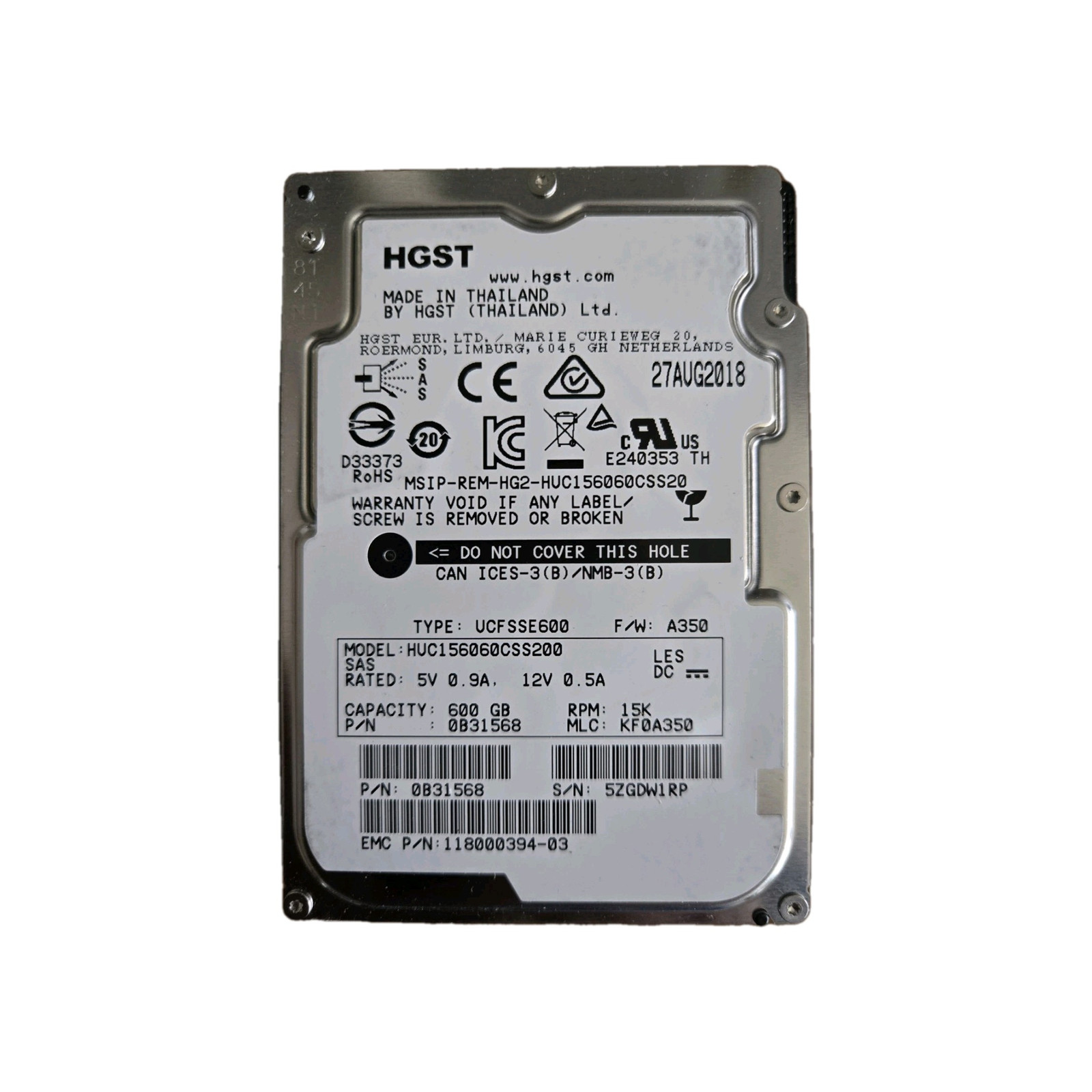 HGST 600GB SAS 15K-RPM 12Gb/s 2.5" HDD OB31568 (HUC156060CSS200) 128MB Cache