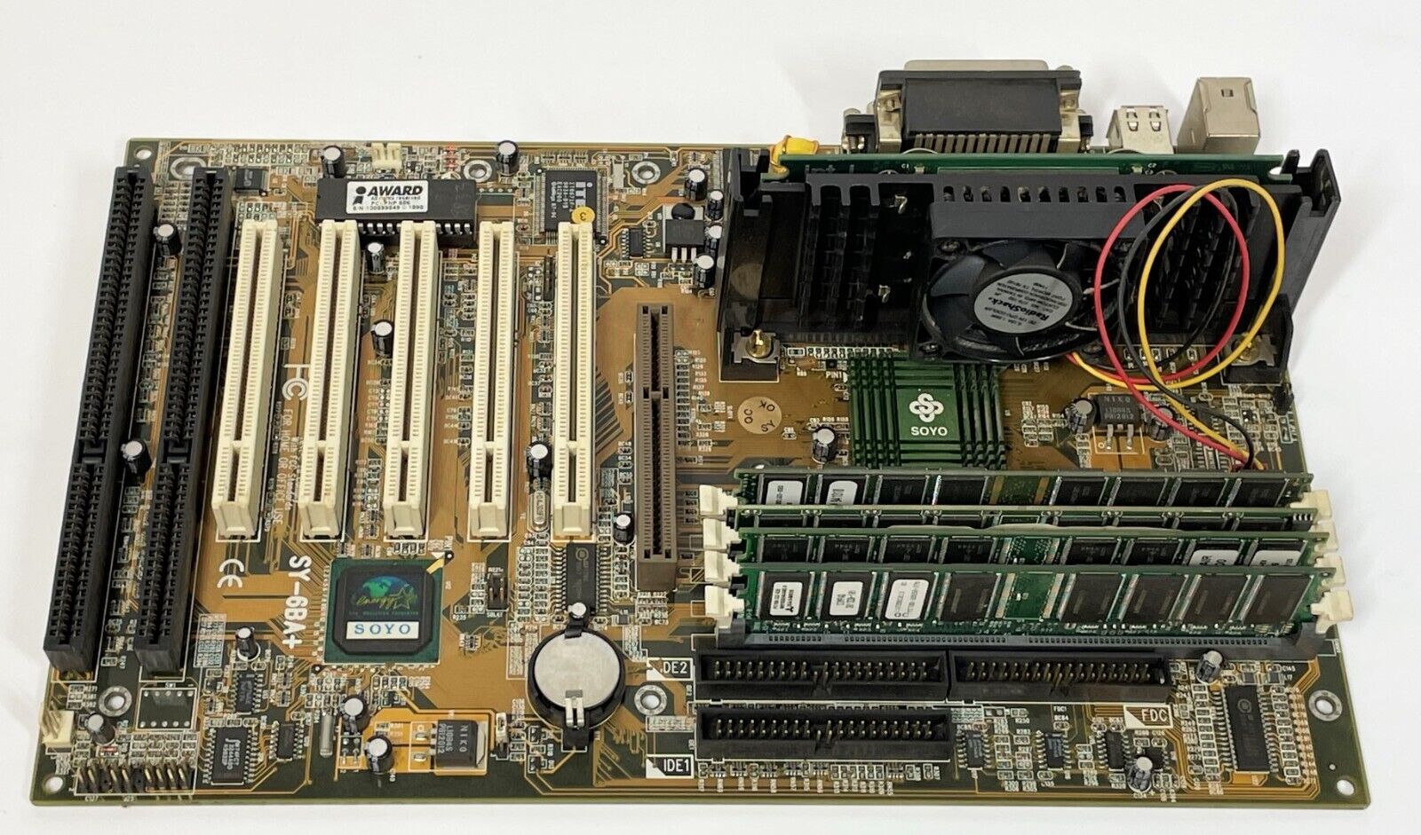 Vintage SOYO SY-6BA+ Computer Motherboard w/ CPU & 4 Sticks RAM UNTESTED