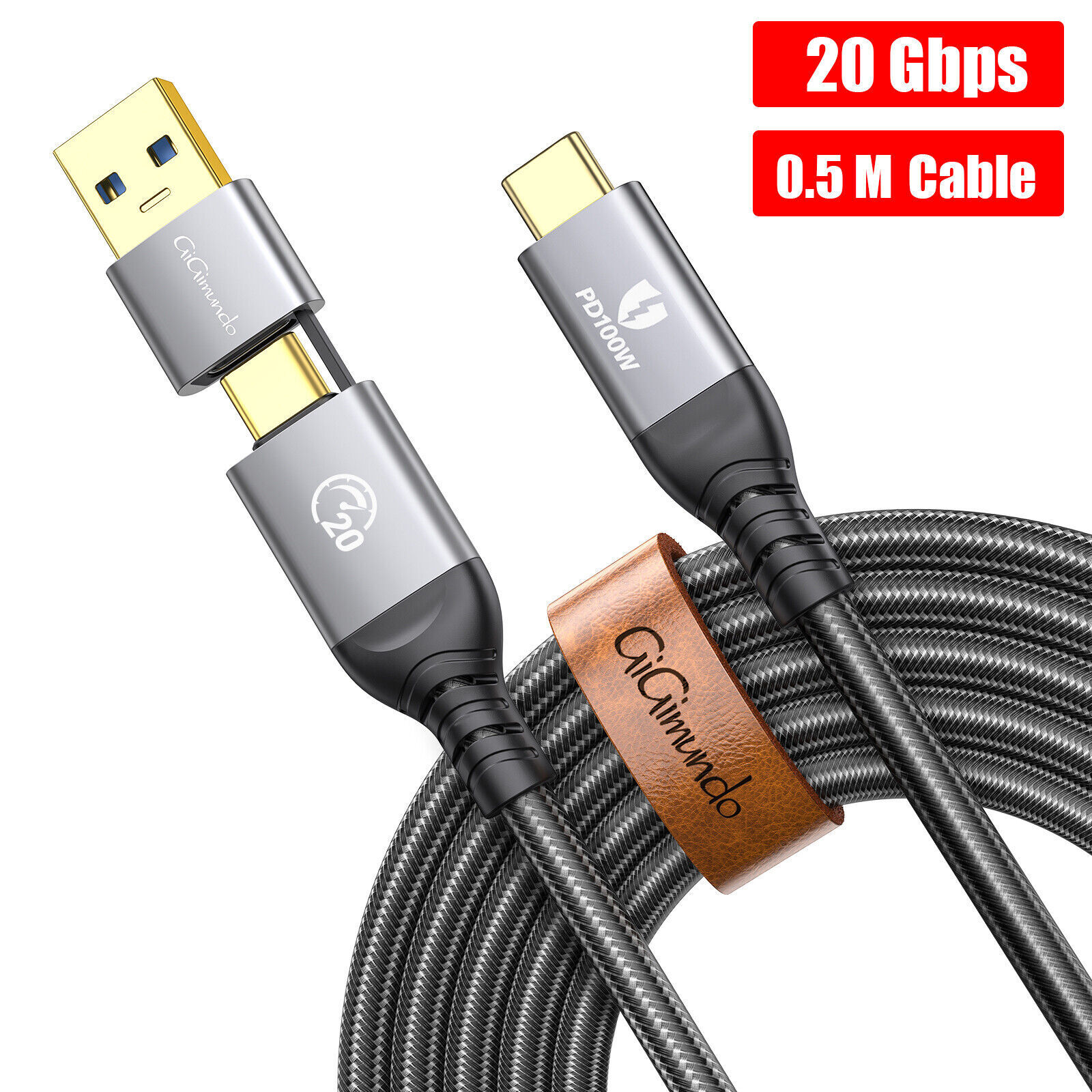 2 in 1 USB 3.2 Gen 2x2 Charger Cable USB A/C to USB-C Type-C Fast Charging 1.6ft