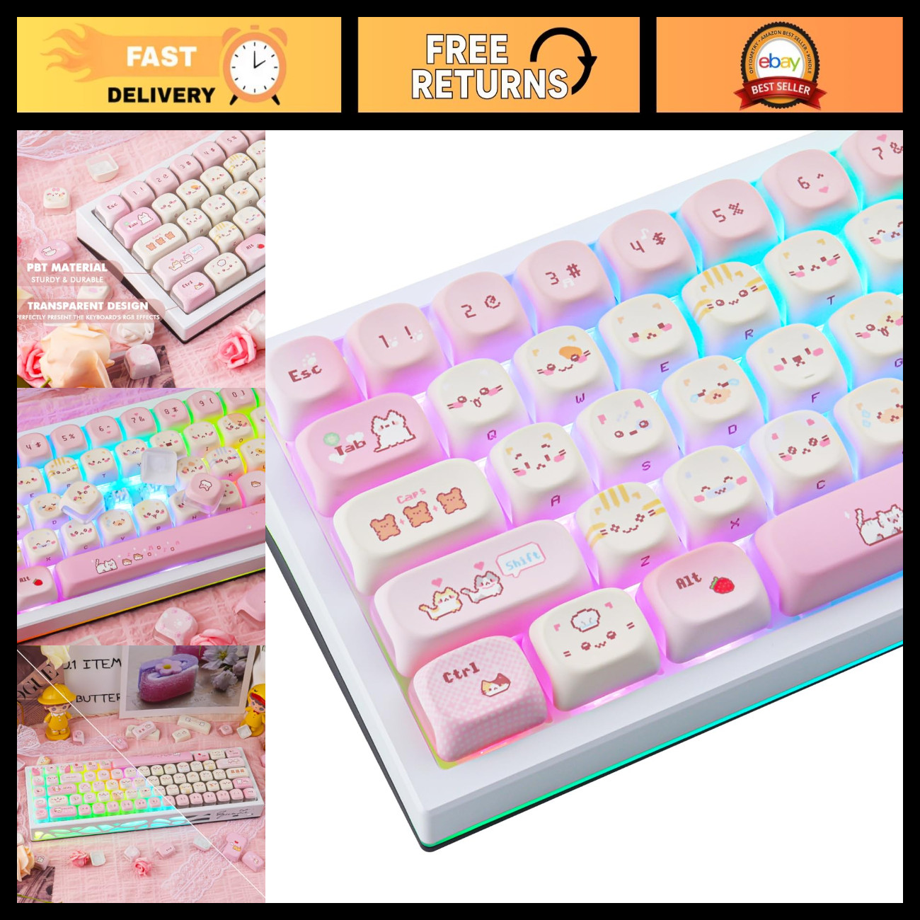 Cute Pink Cat Keycaps - Custom Pixel Kitten Keycap Set for Mechanical Keyboards
