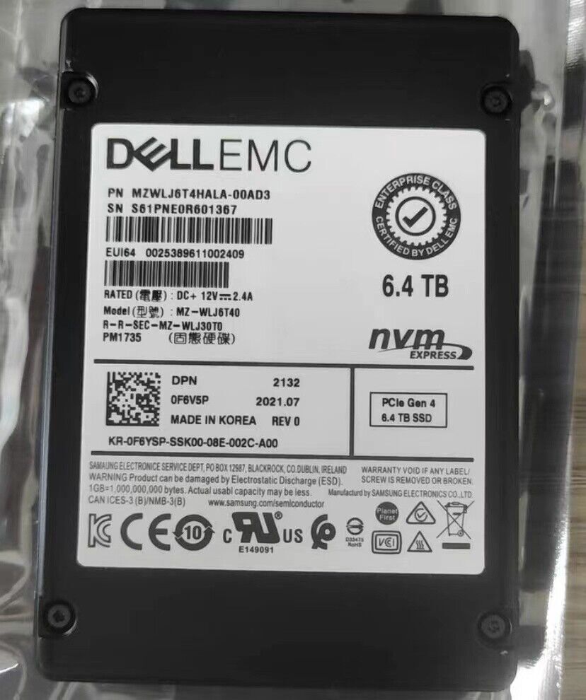 2pcs 6.4TB SSD Samsung PM1735 U.2 MZ-WLJ6T40 MZWLJ6T4HALA-00AD3 0F6V5P DELL-