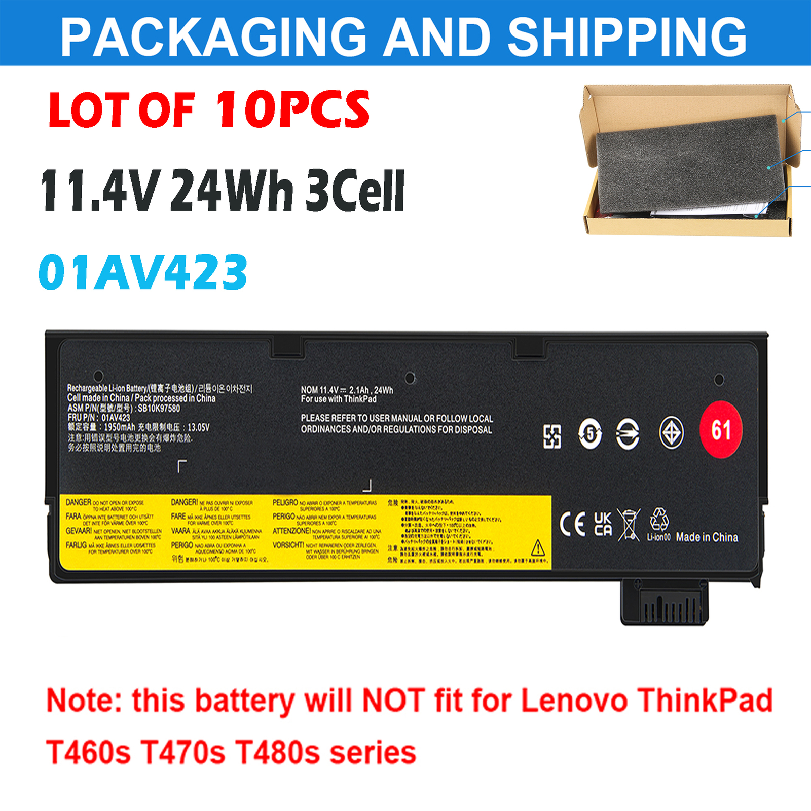 ✅LOT 10X 01AV423 61 Battery For Lenovo ThinkPad A475 A485 01AV427 P51S P52S 24WH