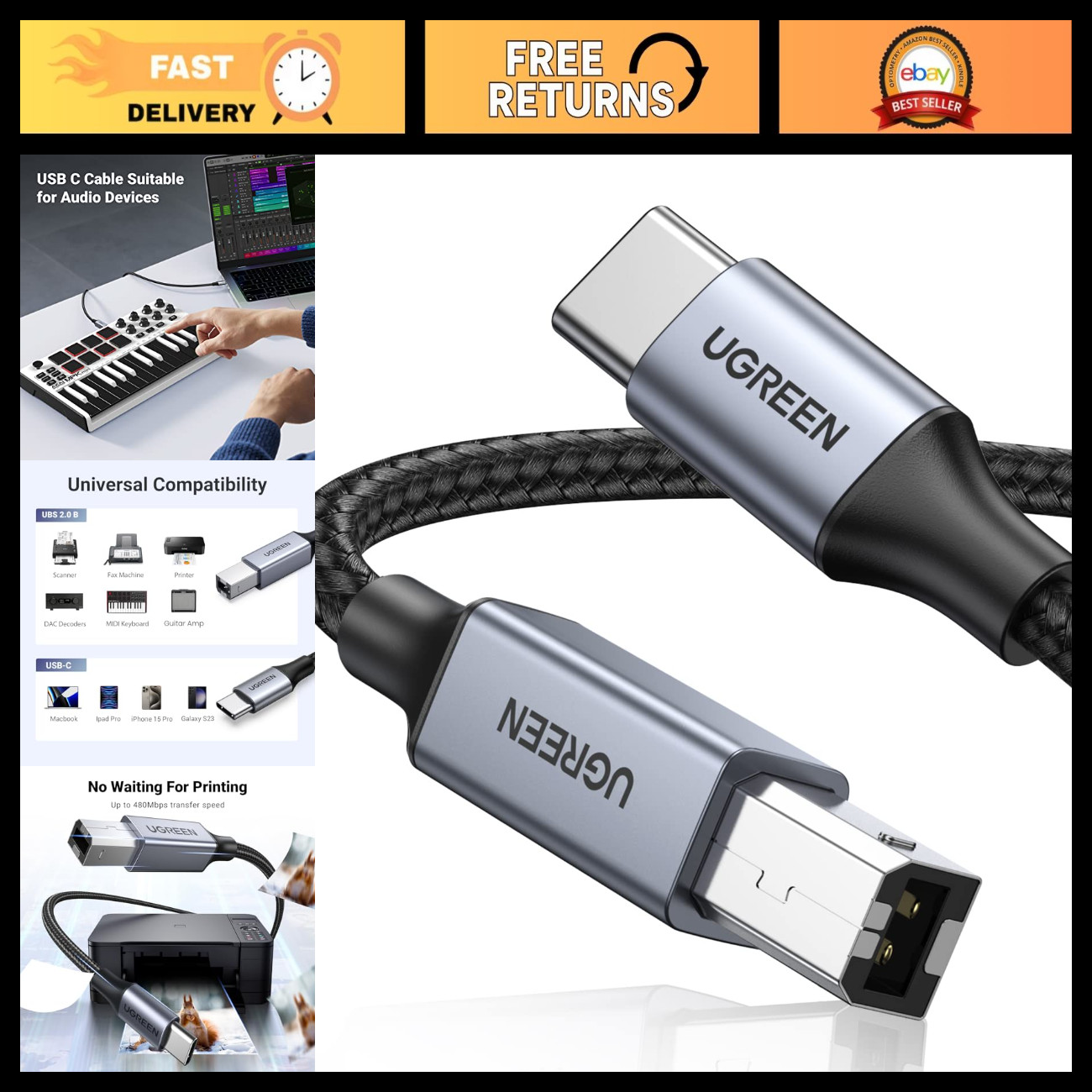 USB-B to USB-C Cable 16FT, Nylon Braided, Printer & MIDI Connection, Fast Data T