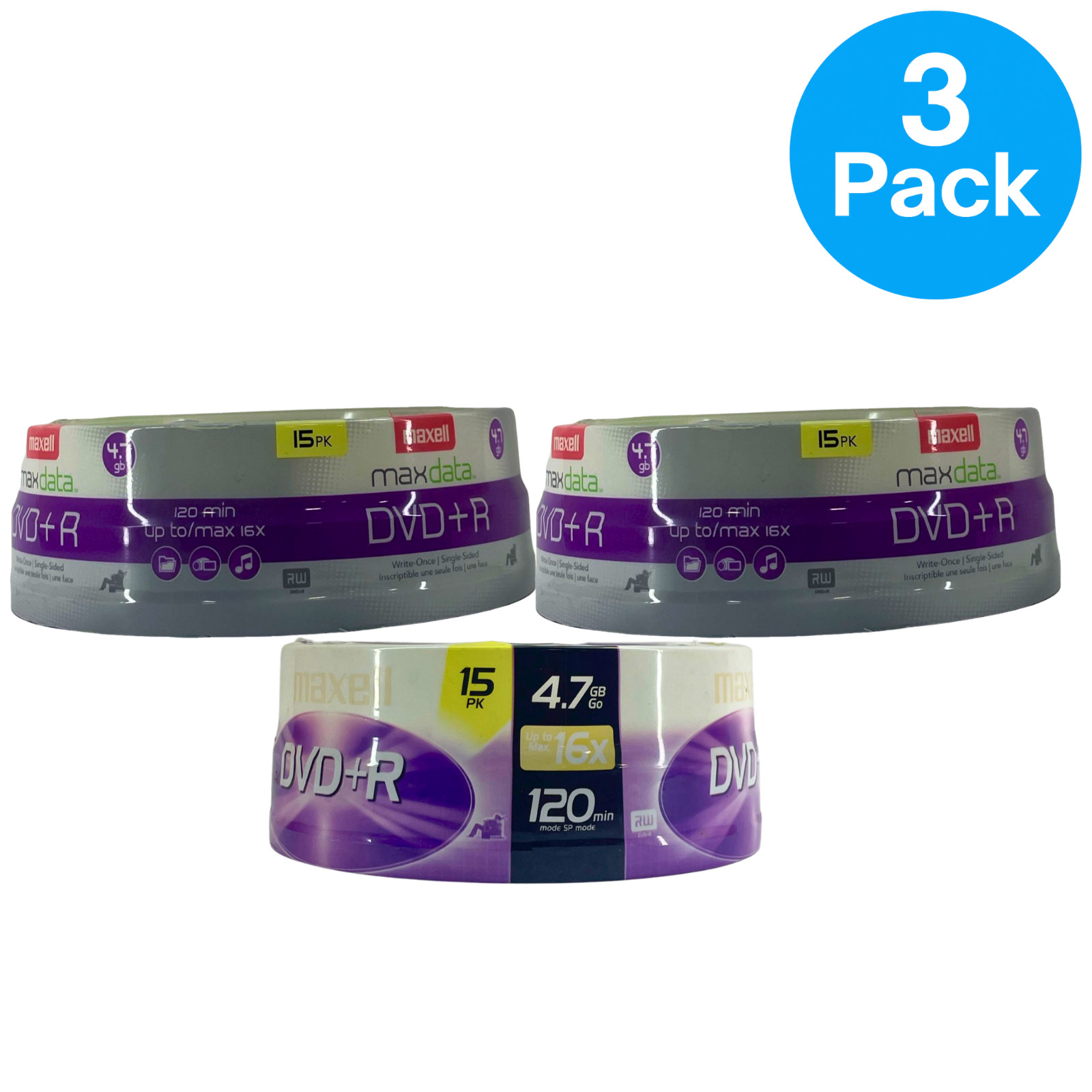 Maxell Maxdata DVD+R 4.7GB 16x Recordable Media Spindle 15 Count 3 Pack New