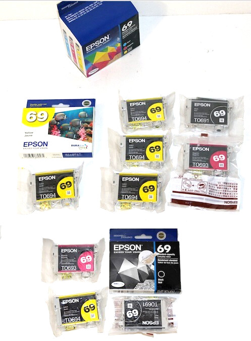 14 Genuine Sealed TO69 Epson Cartridges 1 Cyan 3 Black 3 Magenta & 7 Yellow