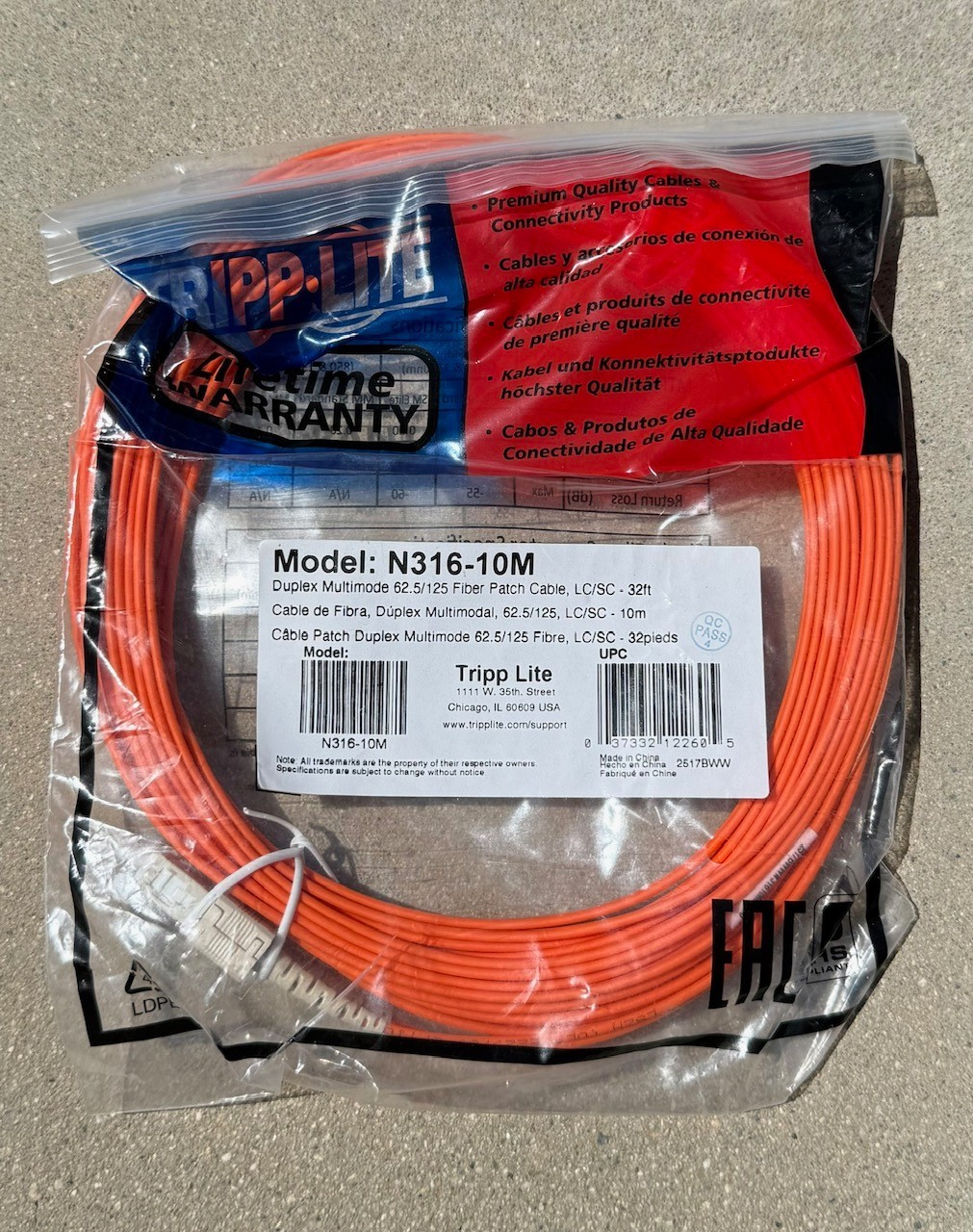 Tripp Lite Duplex Multimode 62.5/125 Fiber Patch Cable (LC/SC), 10M (33-ft.)