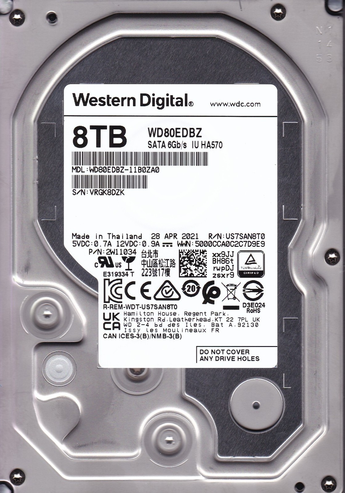WD80EDBZ-11B0ZA0 s/n: VRGK "V19A03" APR 2021 8TB SATA 3.5" WESTERN DIGITAL