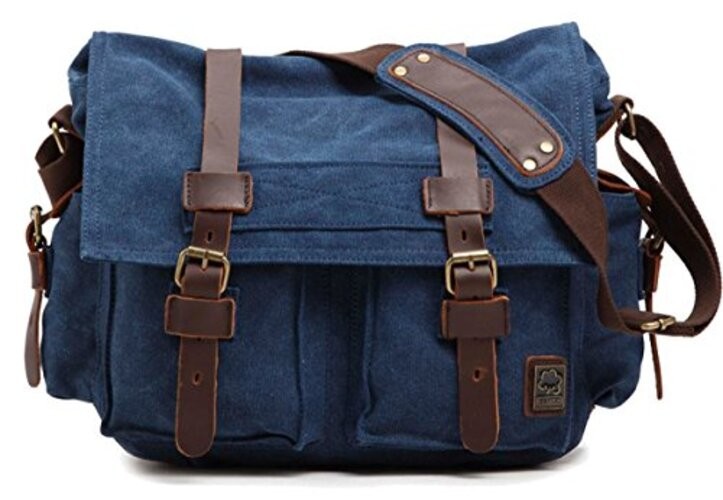 Vintage Military Leather Canvas Laptop Bag Messenger Bags small--13‘’ Blue