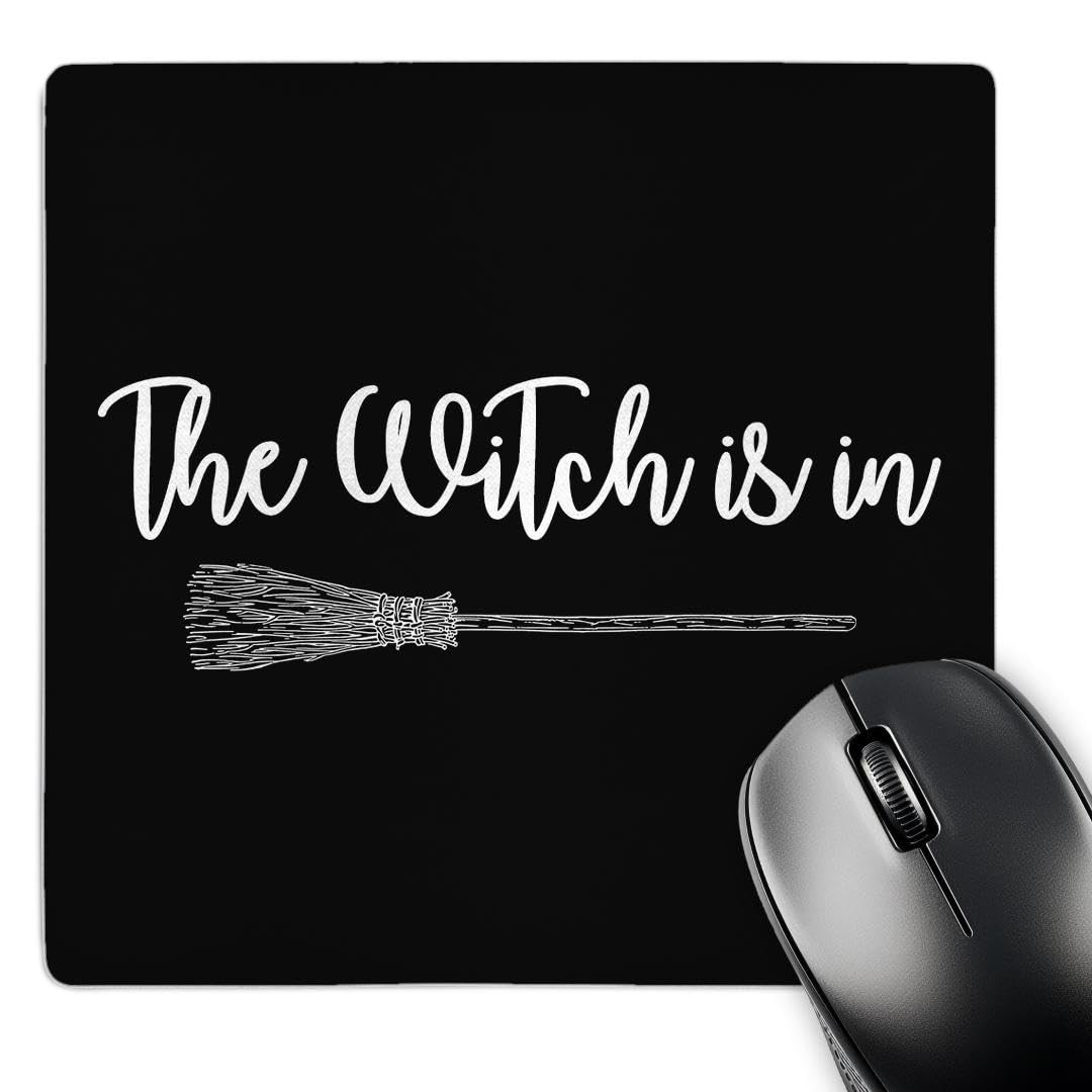 3dRose The Witch Is In Mouse Pad - White Cursive on Black Background, Typography