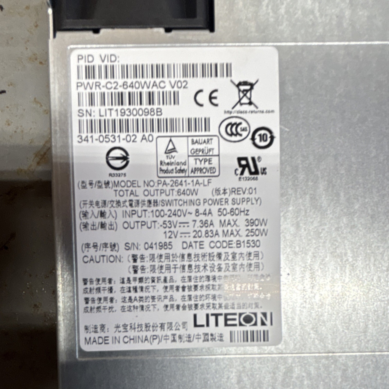 Lite-On 640W Power Supply PWR-C2-640WAC V02 PA-2641-1A-LF Cisco Compatible
