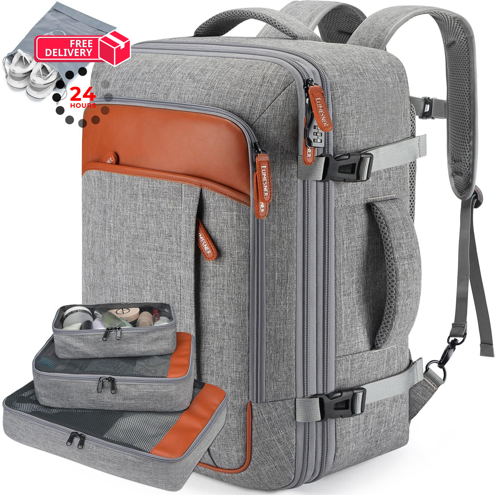 Lumesner 40L Expandable Travel Backpack, Carry On Backpack 20 inches, Grey