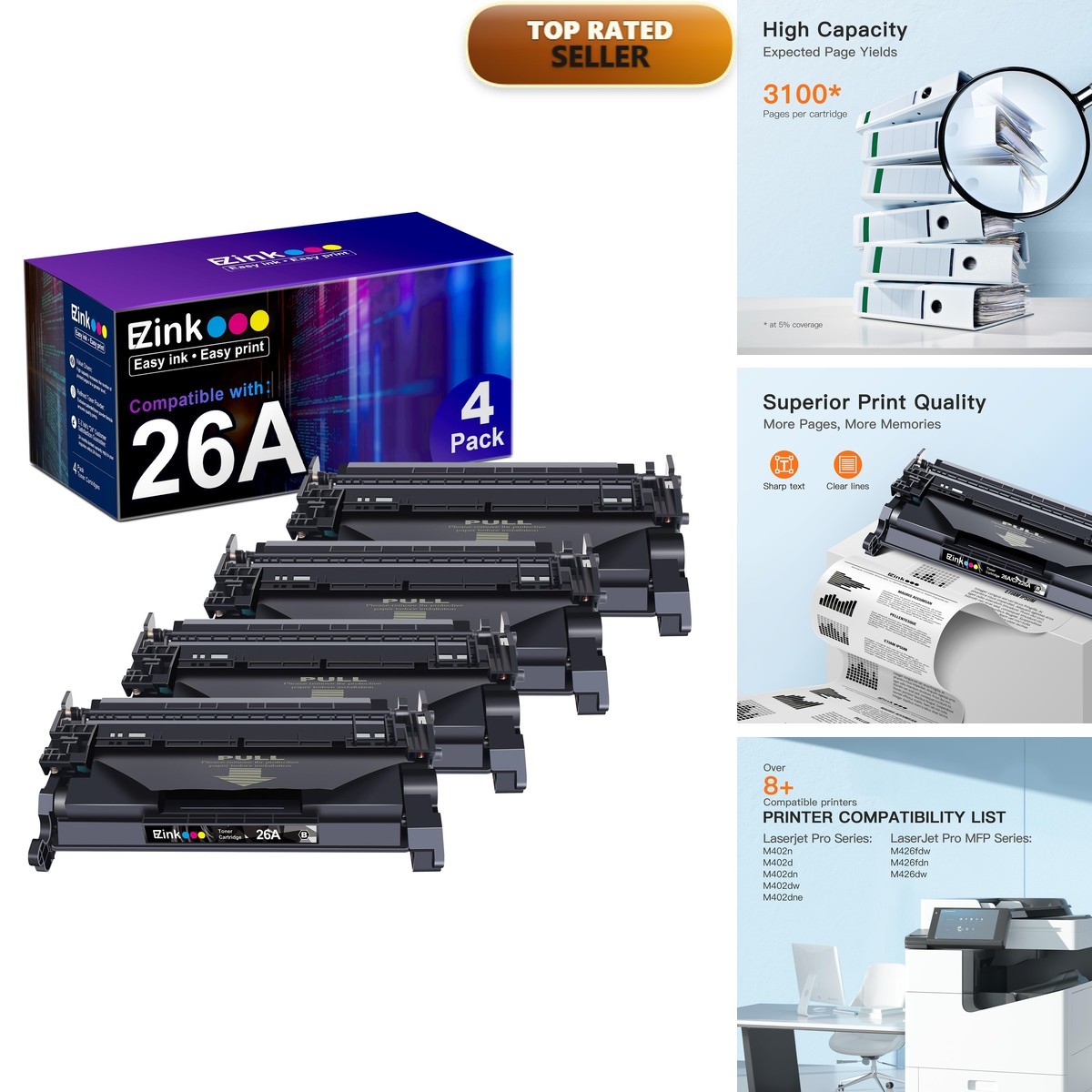 E-Z Ink 26A Black Toner Cartridge 4 Pack CF226A for HP LaserJet Pro M402 M426