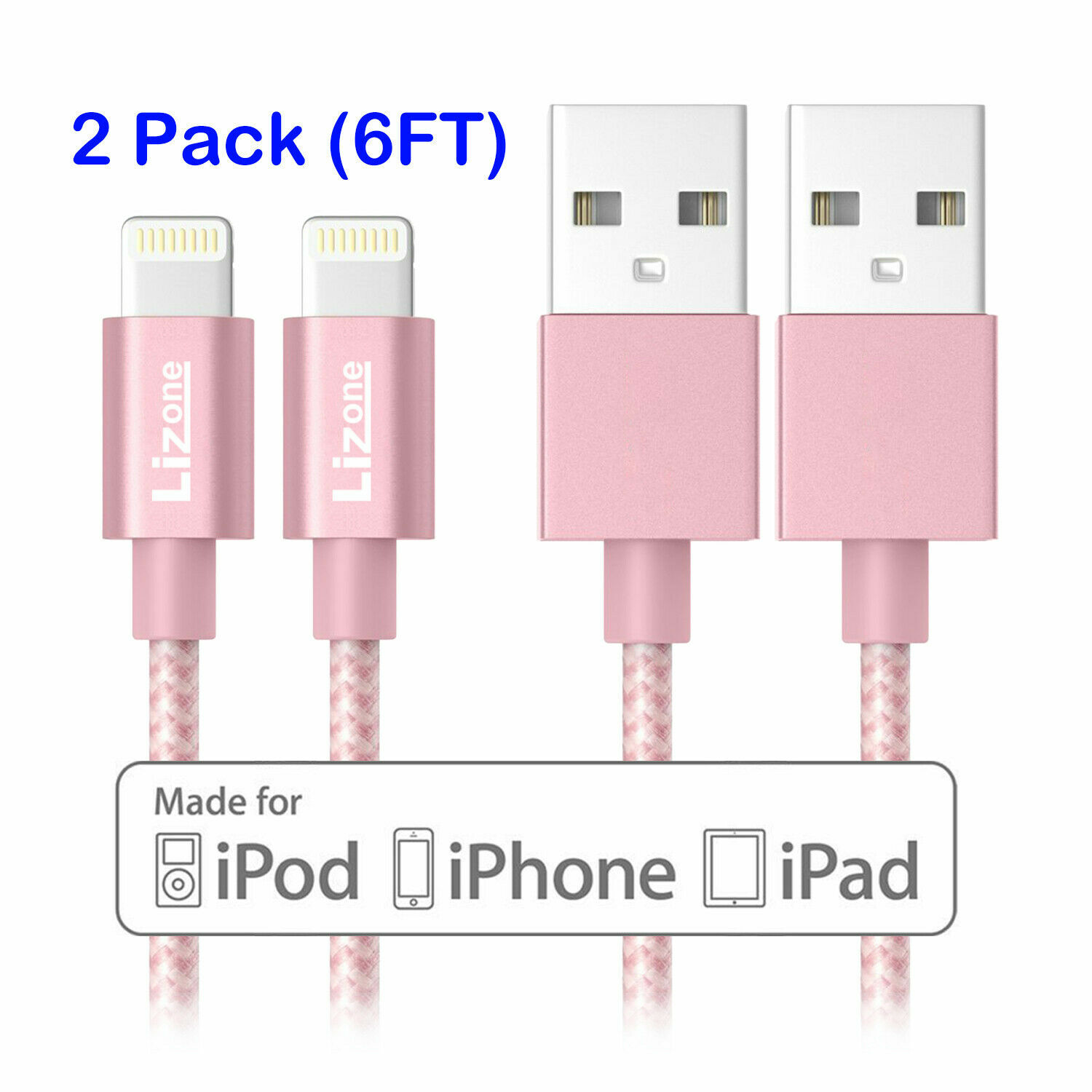 2X 6Ft Lightning Cable MFi Certified for iPhone 11/Xs/XS Max/XR/X Nylon Rose