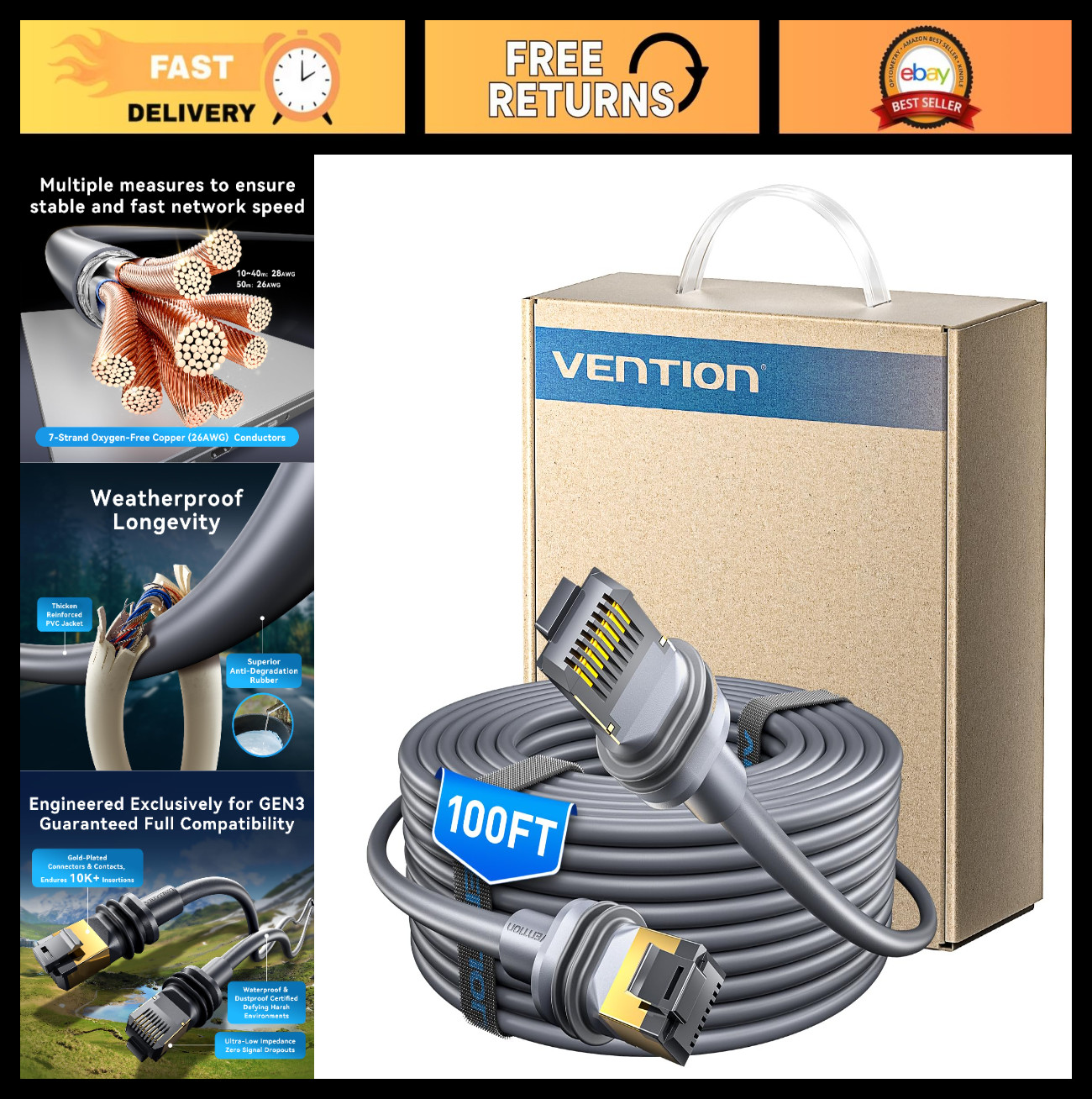 High-Speed Cat 7 Ethernet Cable 100ft, IP68 Waterproof, 10Gbps, Compatible with