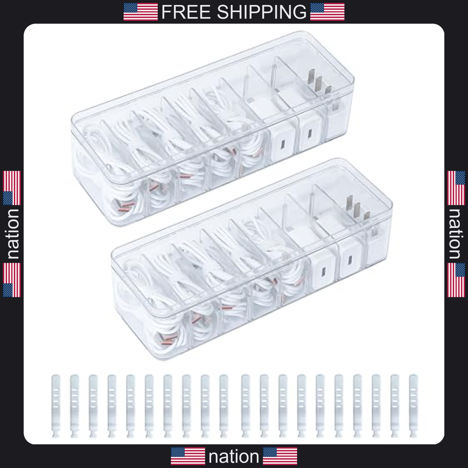 Cable organizer box 2 pack with lid plastic cord storage with 8 adjustable