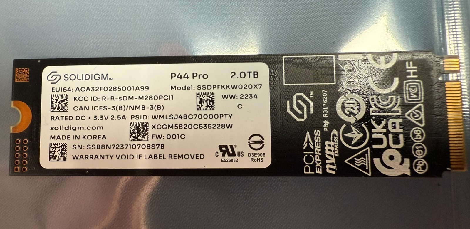 Solidigm P44Pro Series 2TB PCIe GEN4 NVMe 4.0 x4 M.2 2280 SSD SSDPFKKW020X7 100%