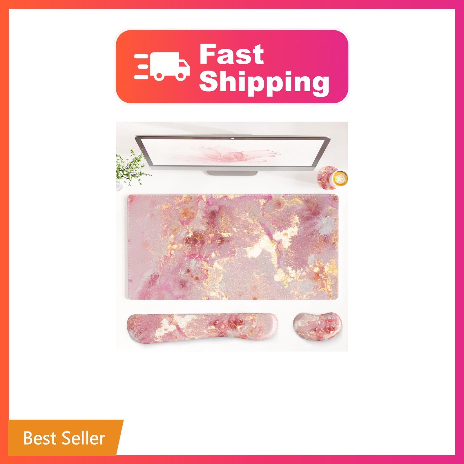 QiyI PU Leather Desk Mat Set Pink Gold Marble 31.5x15.7