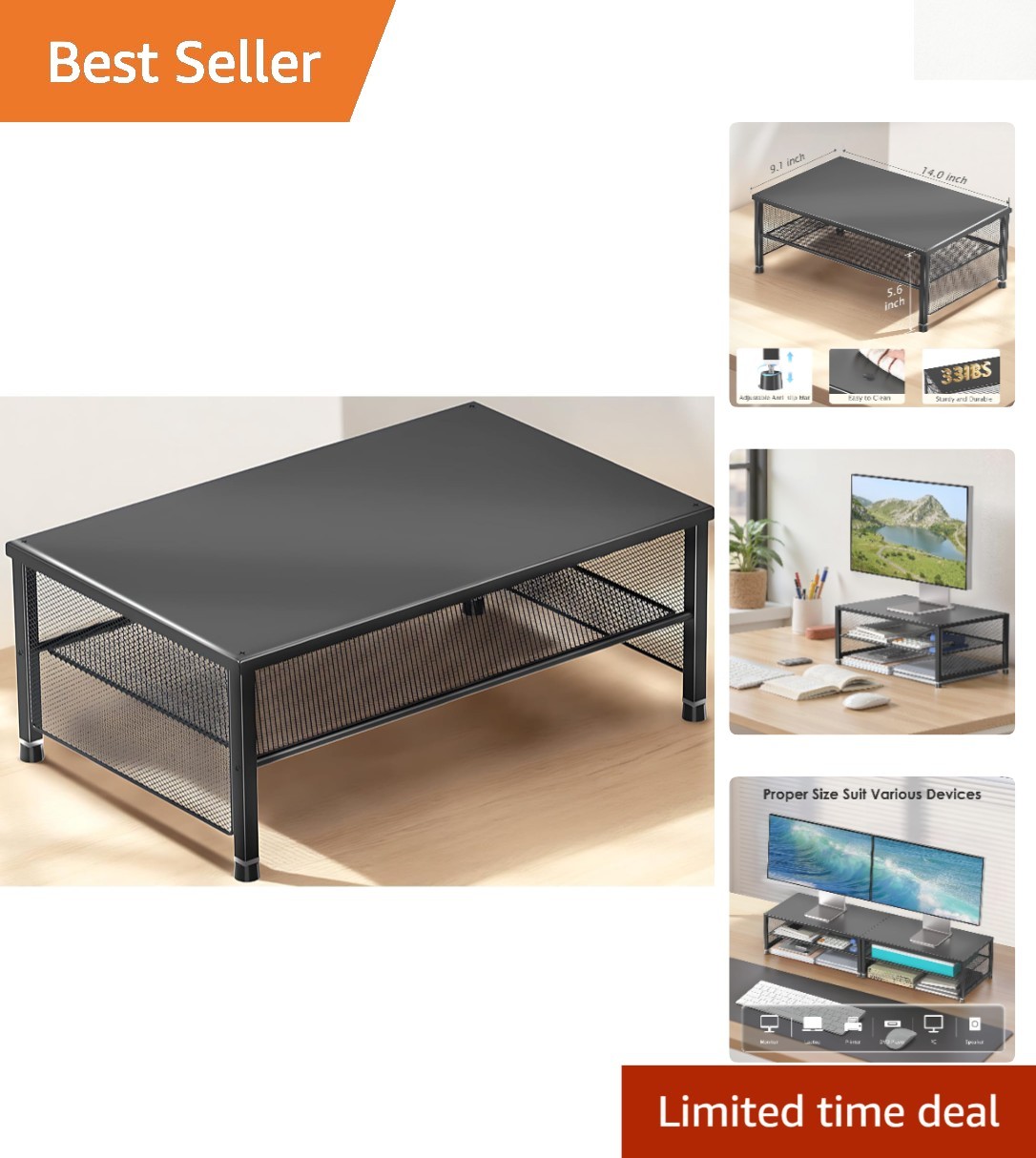 Sturdy Black 2-Tier Desk Organizer for Monitors and Laptops - Space-Saving
