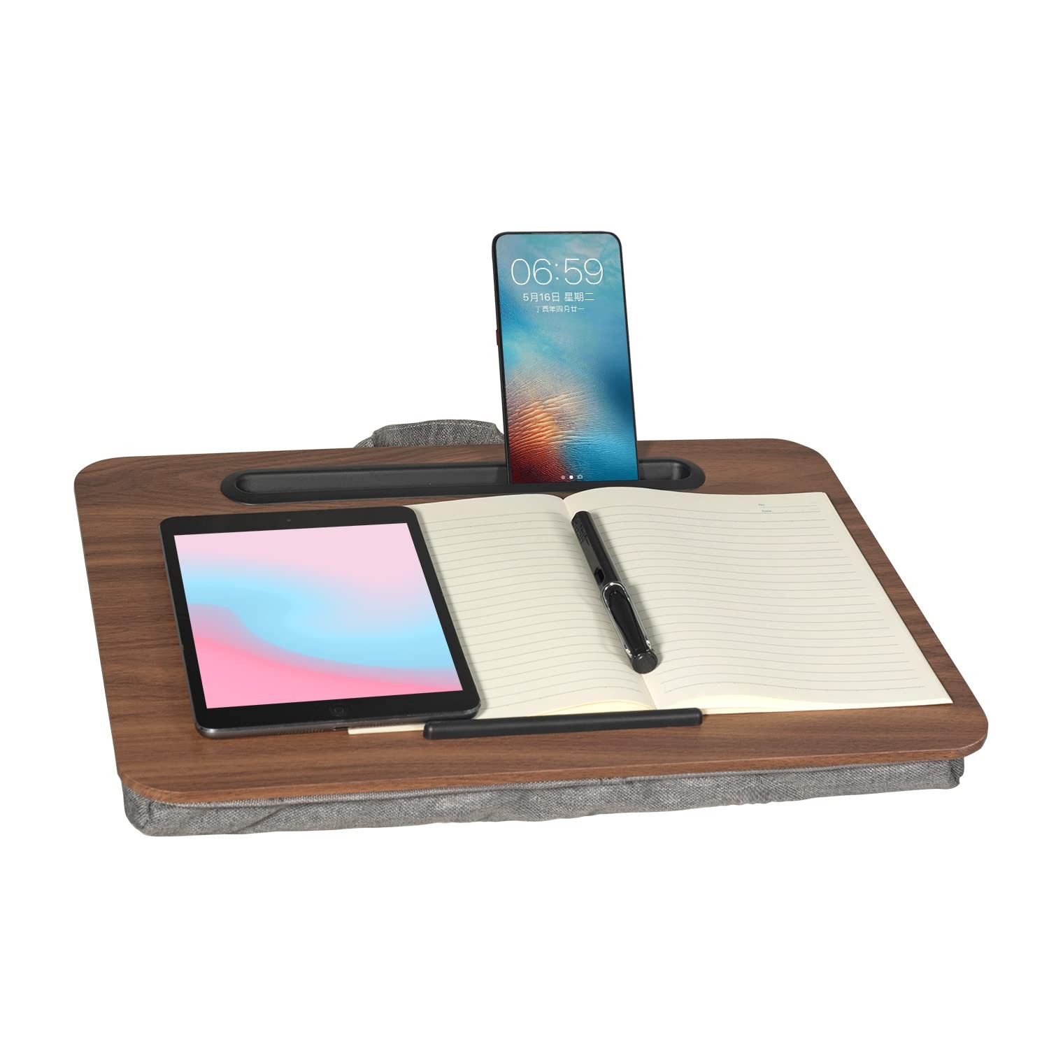 Portable Cushioned Lap Desk with Tablet Slot - Fits up to 16 Laptops, Brown