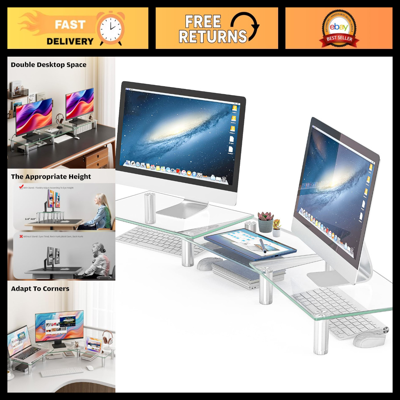 Adjustable Dual Monitor Stand - Ergonomic Riser for PC & Laptop, Clear Desktop O