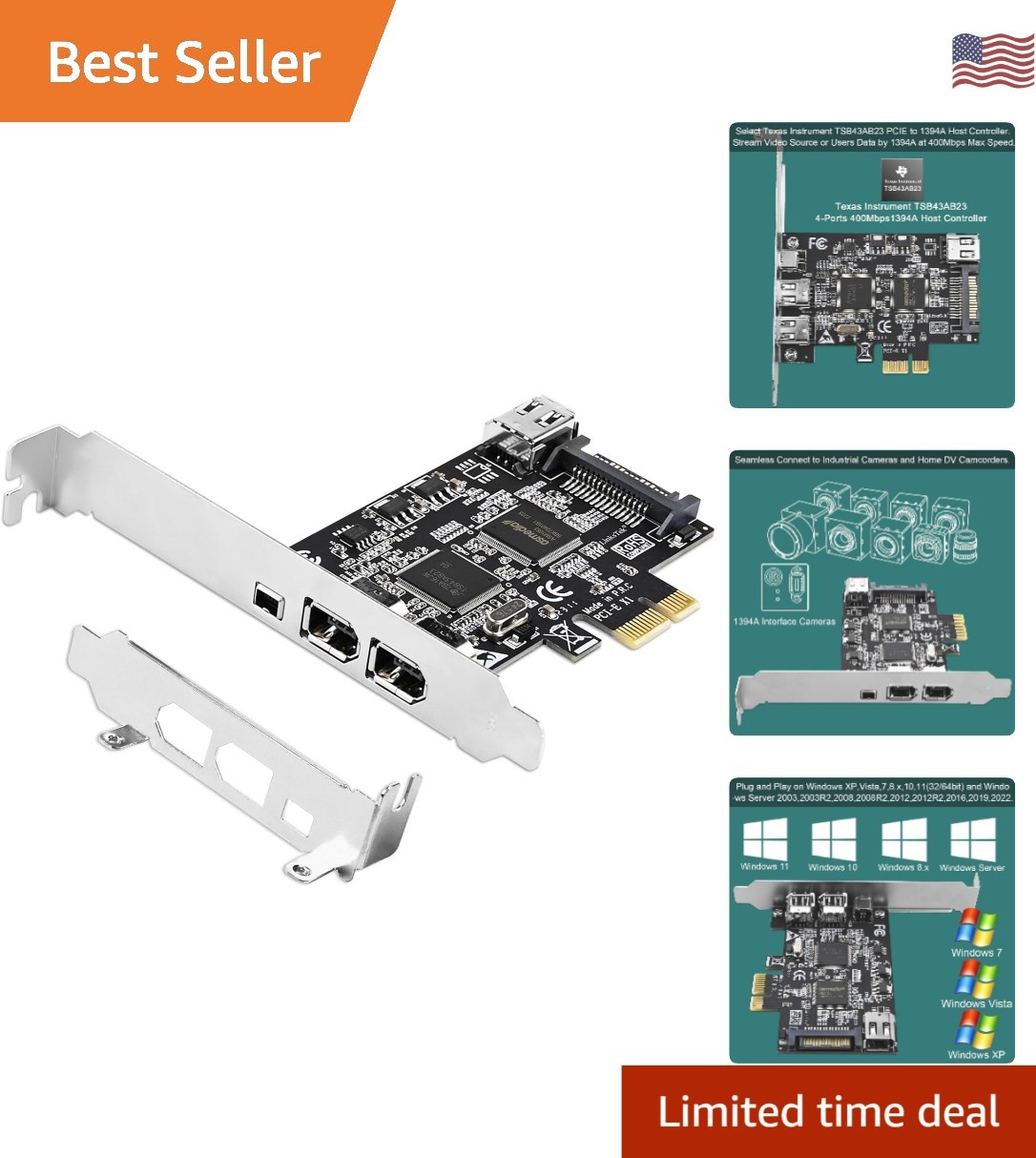 Texas Instruments PCIe Firewire 400 Card - 4 Ports for Windows & Mac Devices