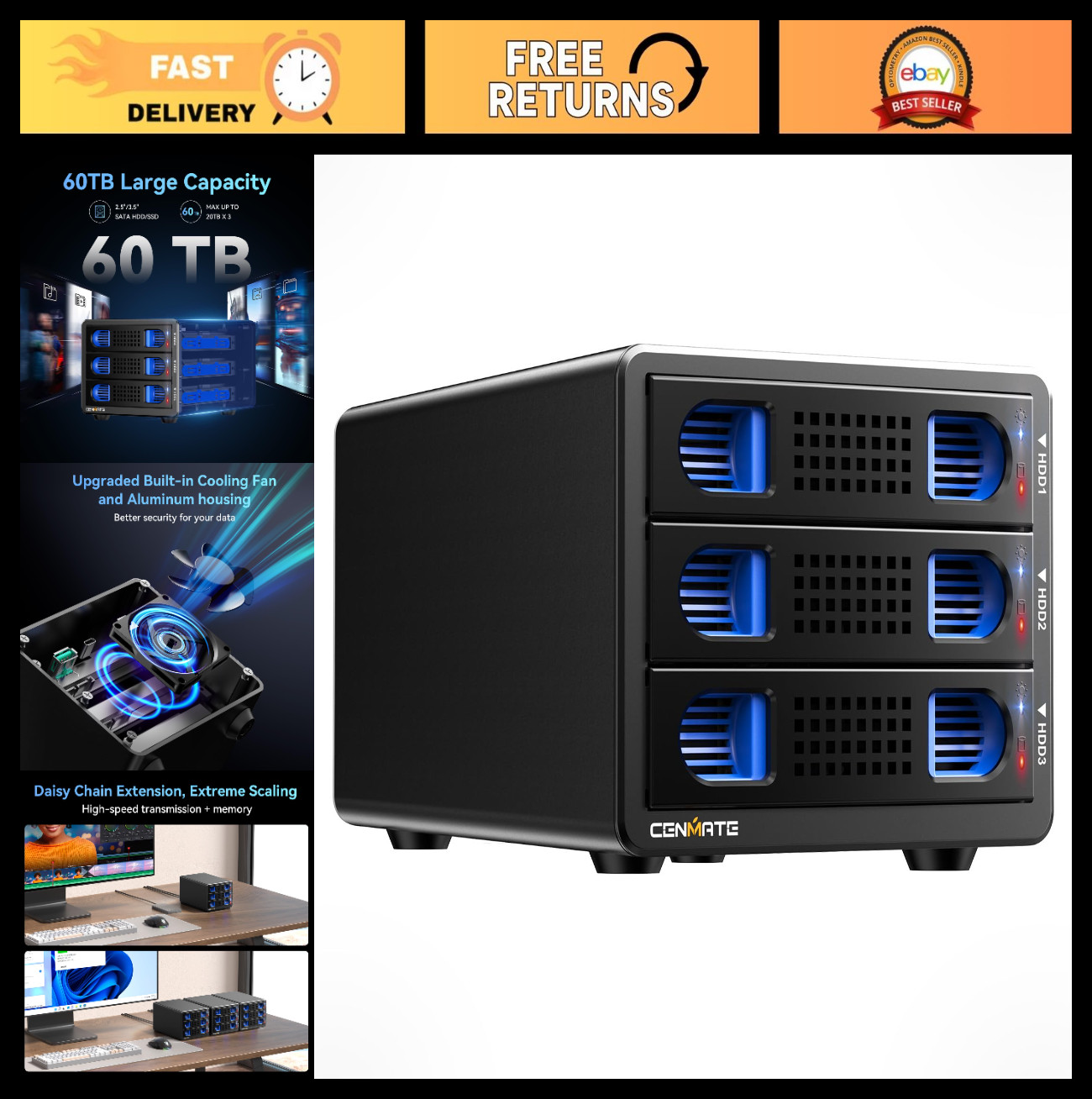 10Gbps Aluminum 3 Bay Hard Drive Enclosure with Cooling Fan for 2.5"/3.5" SATA H