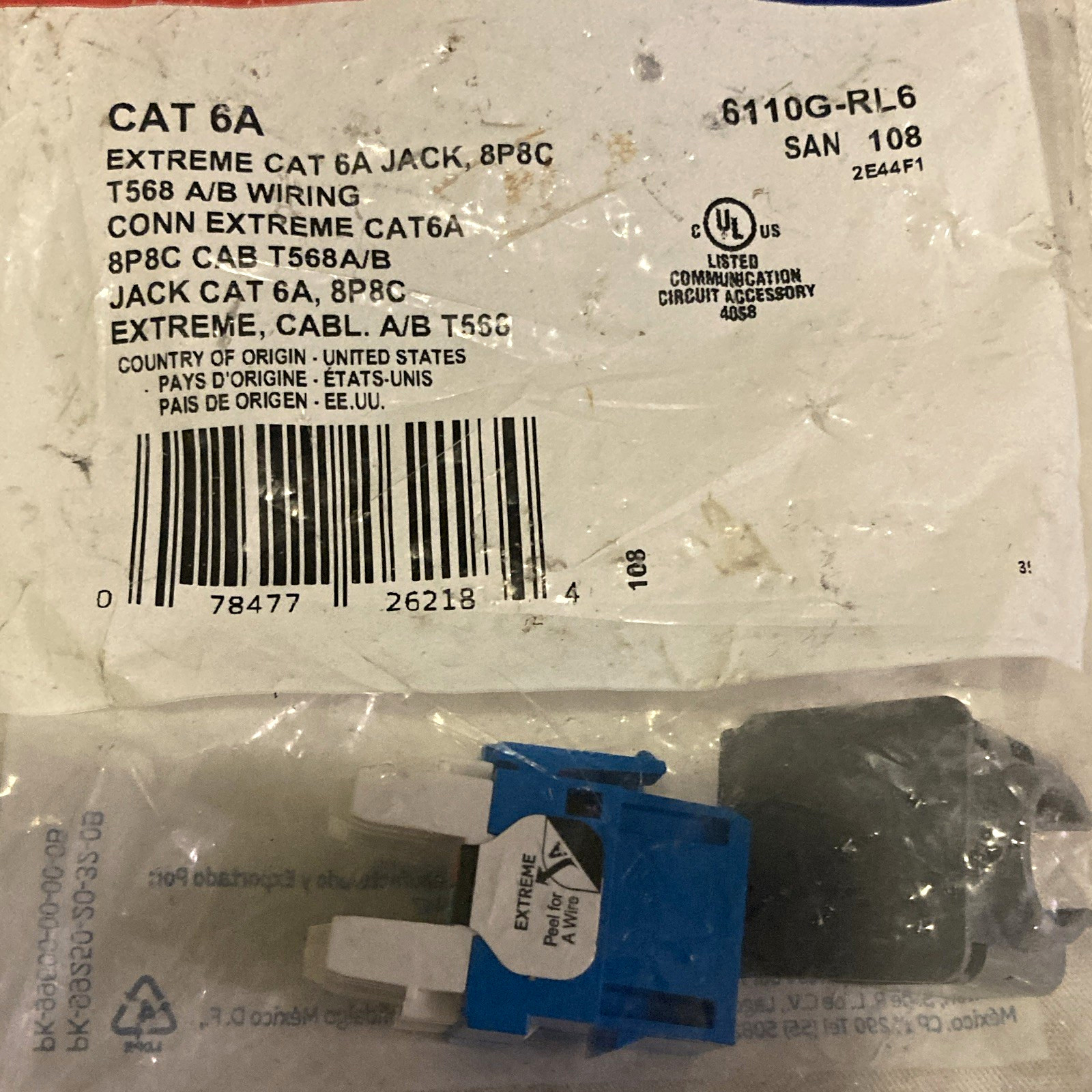 Leviton Extreme CAT6A RJ-45 8P8C Jack, T568A/B, Blue, MPN 6110G-RL6