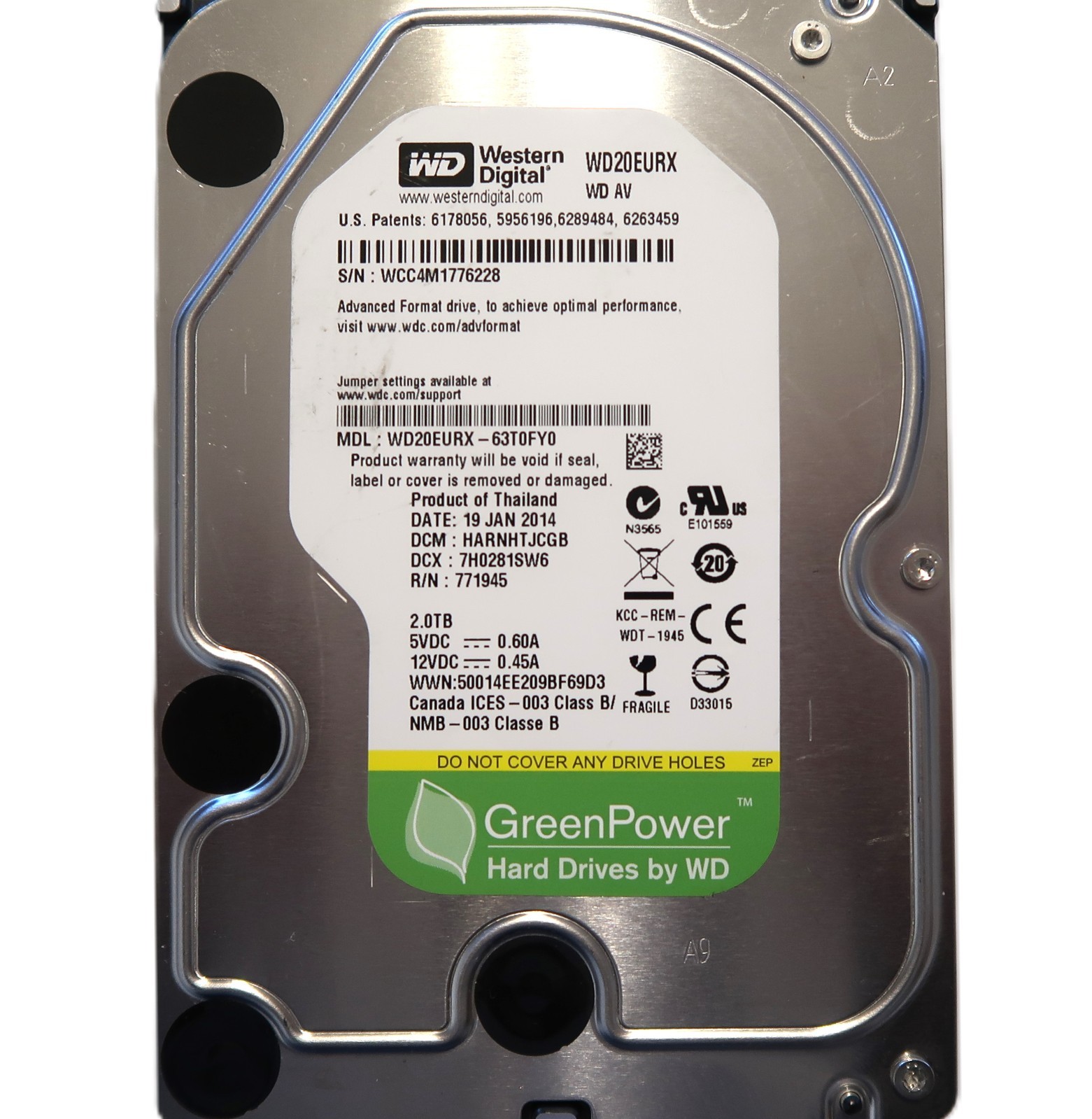 WD WD20EURX-63T0FY0 HARNHTJCGB (WCC4) Thailand 3.5" 2TB Sata HDD JAN/2014