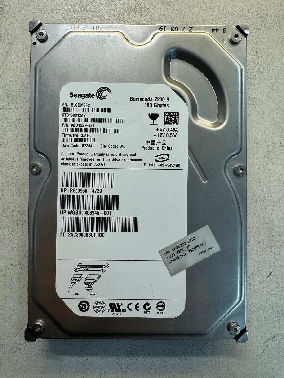 HP 406945-001 ST3160812AS 9BD132-621 160GB Firmware 3.AHL Date Code 07394 3.5"