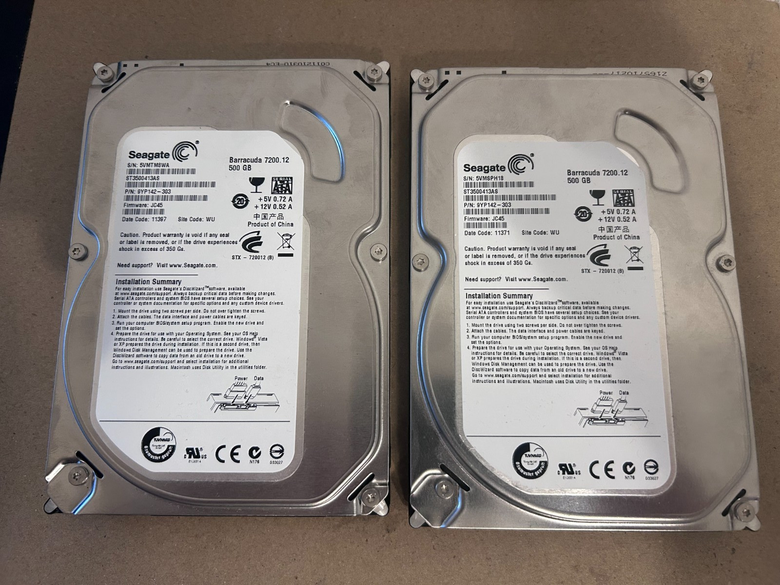 Lot of 2 Seagate Barracuda 500GB 3.5" 7200 RPM Desktop Hard Drives ST3500413AS