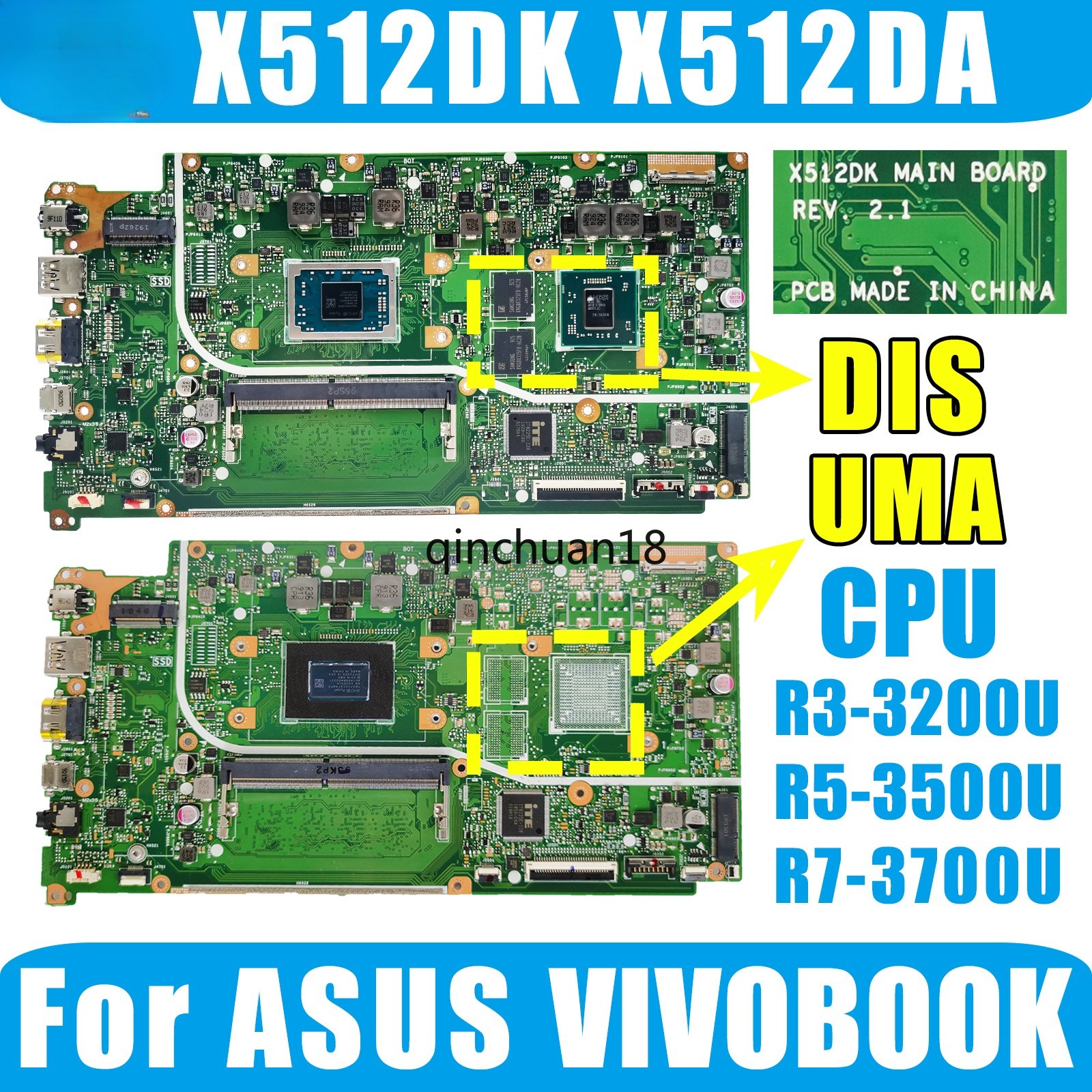 X512D For Asus VIVOBOOK X512DA X512DK F512DA X712DA Motherboard R3 R5 R7 CPU AMD