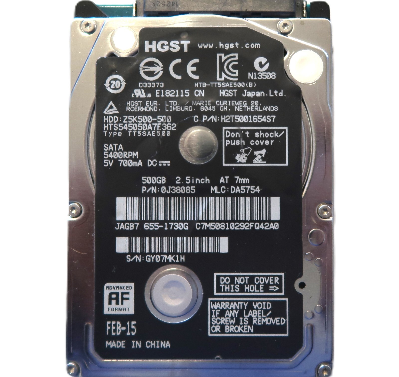 Hitachi HTS545050A7E362 0J38085 DA5754 China (GY0) 500gb 2.5" Sata HDD  FEB-15