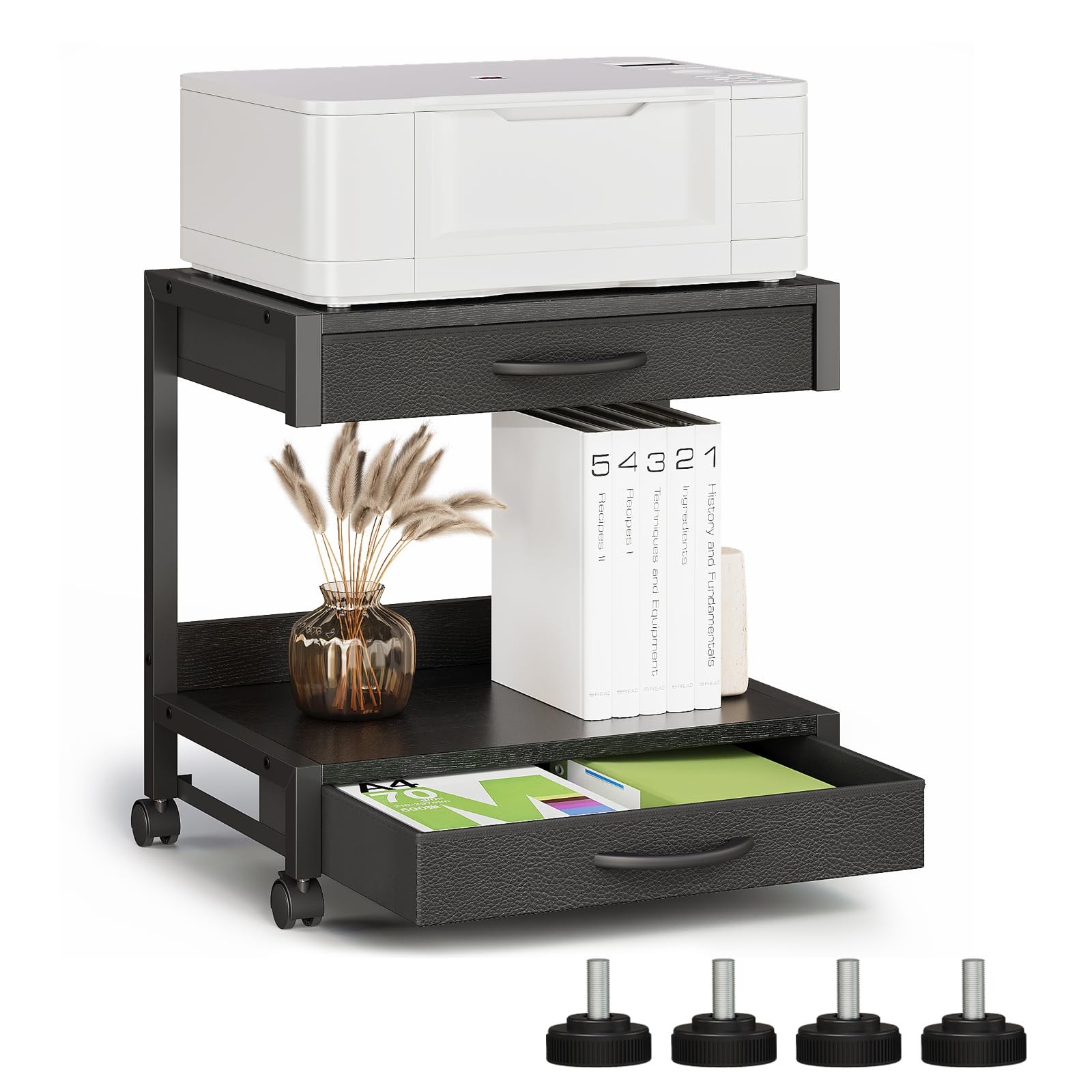 2-Tier Desktop Printer Stand with 2 Fabric Drawers, Prtiner Table with Storag...
