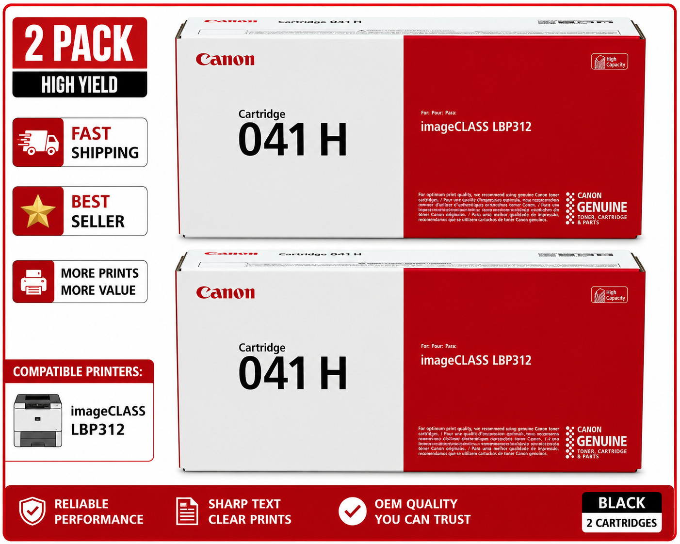 2 PACK Genuine Canon 0453C001 Canon 041H Toner Cartridge Black LBP 312dn ✅
