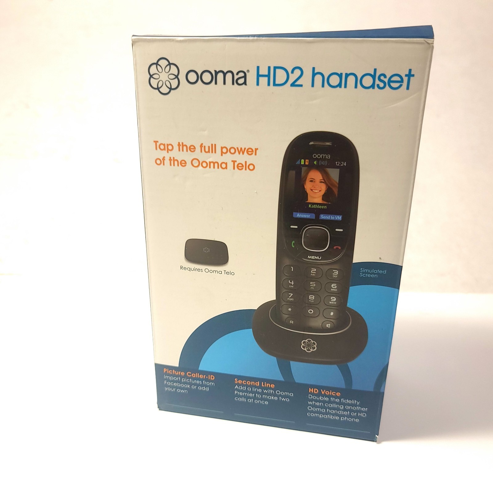 Ooma HD2 Handset Cordless Phone with Base | Black | Picture Caller ID | 2nd Line