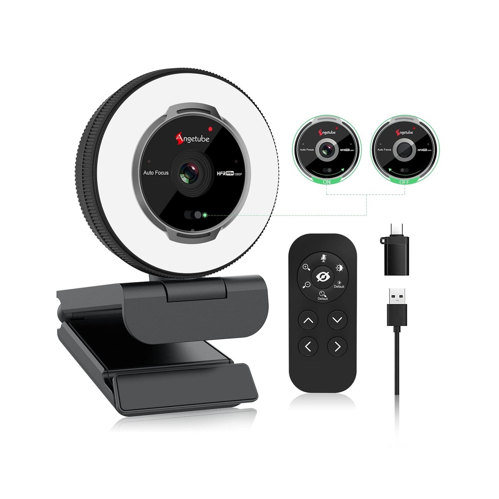 Angetube Streaming Webcam with Microphone, USB 1080P Web Cam w/Ring Light