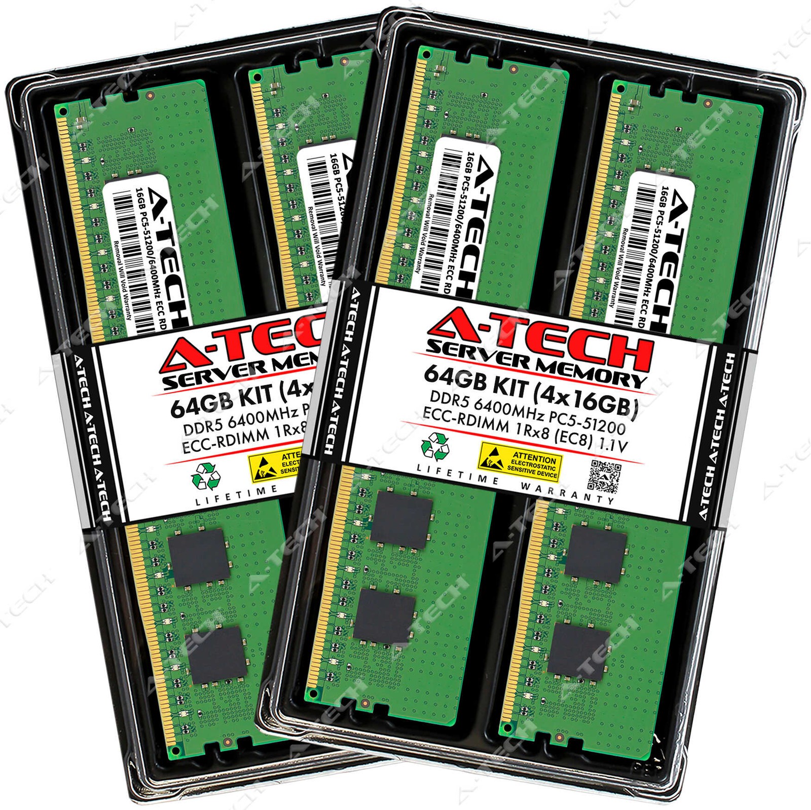 A-Tech 64GB 4x 16GB 1Rx8 PC5-51200R DDR5 6400 MHz EC8 RDIMM Server Memory RAM