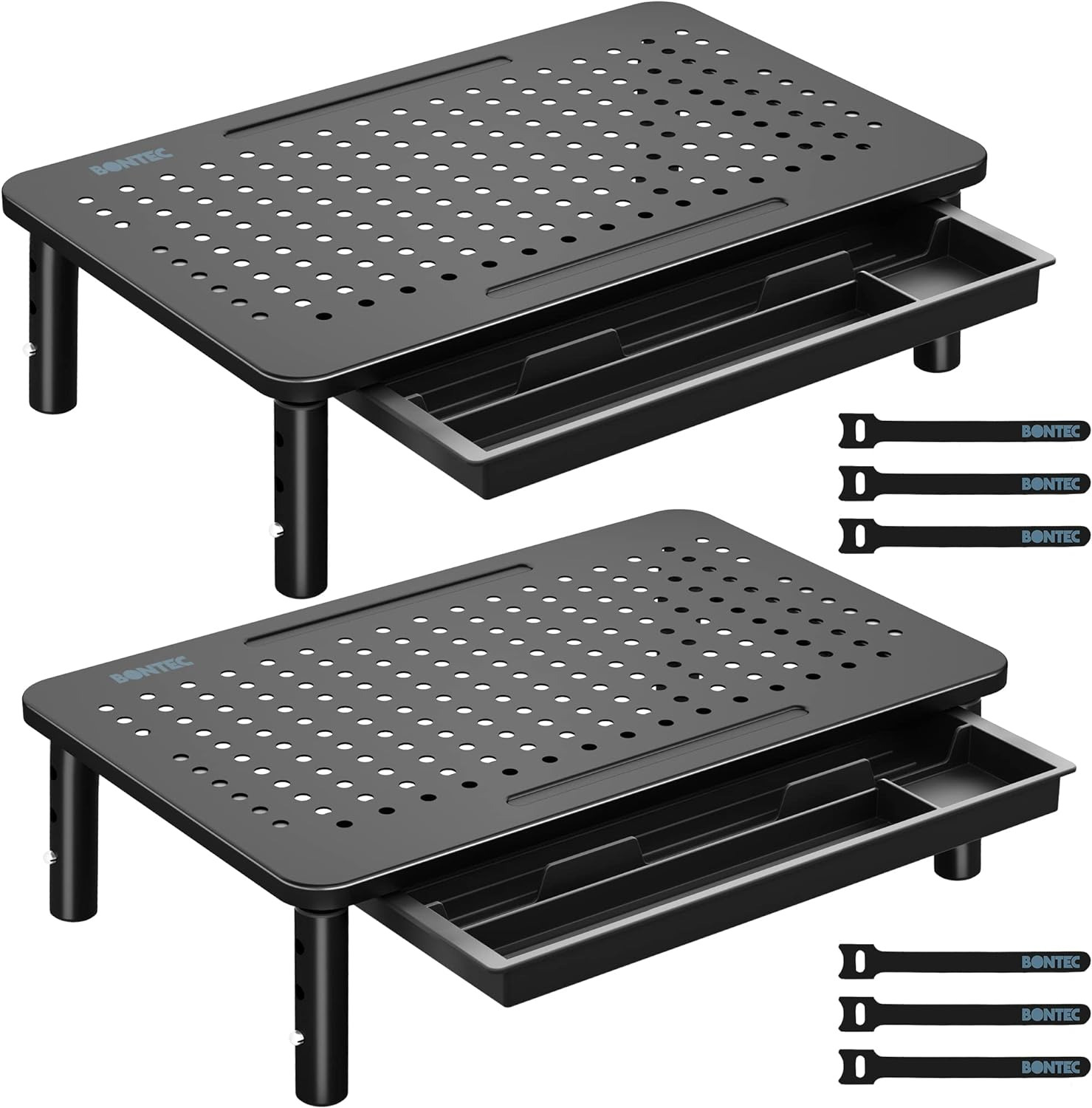 2-PK Desk Monitor Stands with Drawer - 3 Height Adjustable PC Monitor Risers