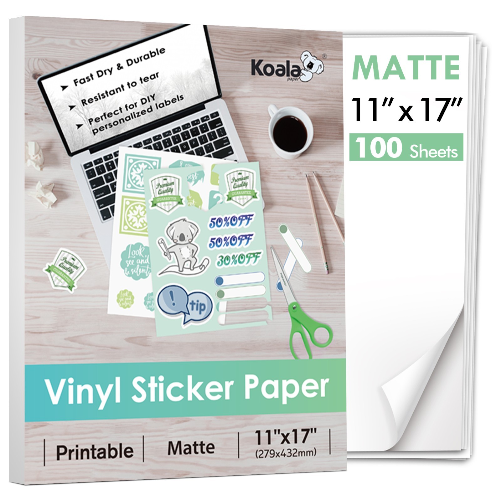 Koala Printable Vinyl Sticker Paper 11x17 100 Ct Matte Waterproof Inkjet Laser