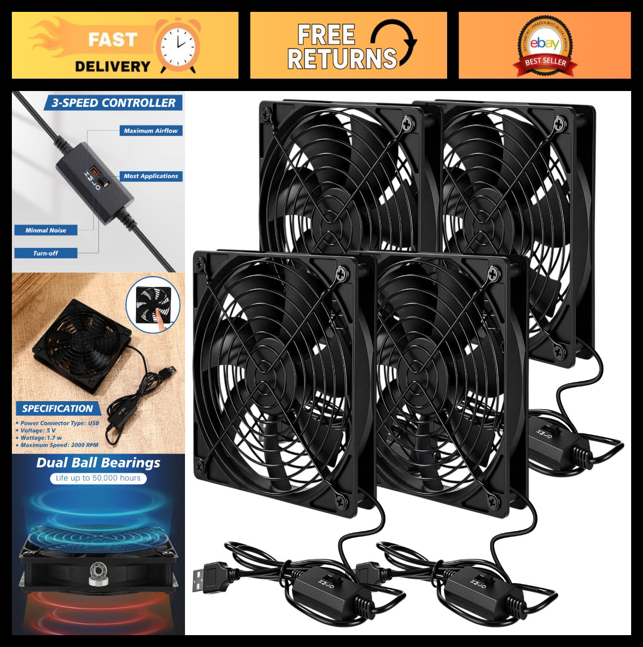 4 Pack 120mm USB Cooling Fans - 3-Speed Control, Quiet, Dual Ball Bearing, 50K H